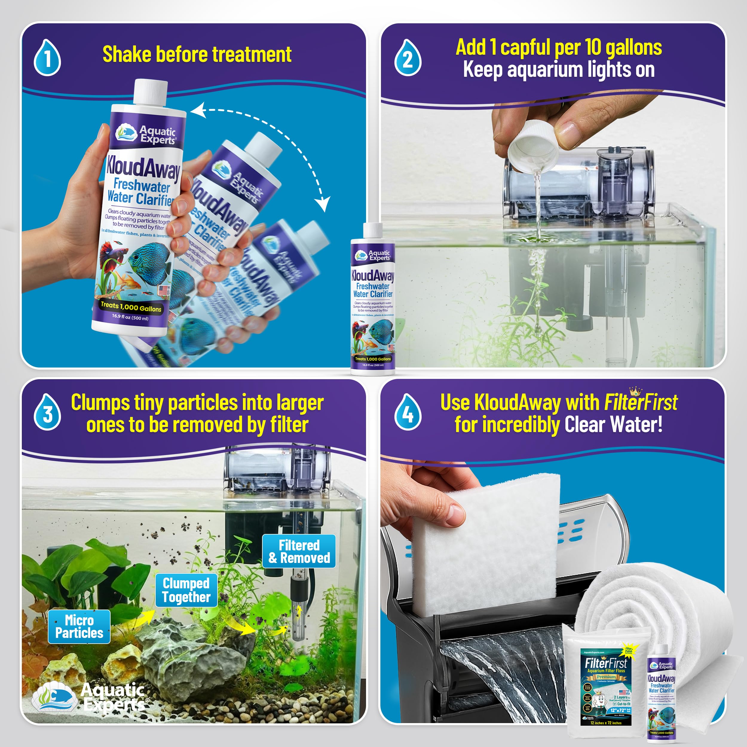 Aquatic Experts KloudAway Clarificador de agua dulce para acuario – Limpia el agua nublada, clarificador de agua para pecera, fabricado en Estados Unidos (paquete de 1)