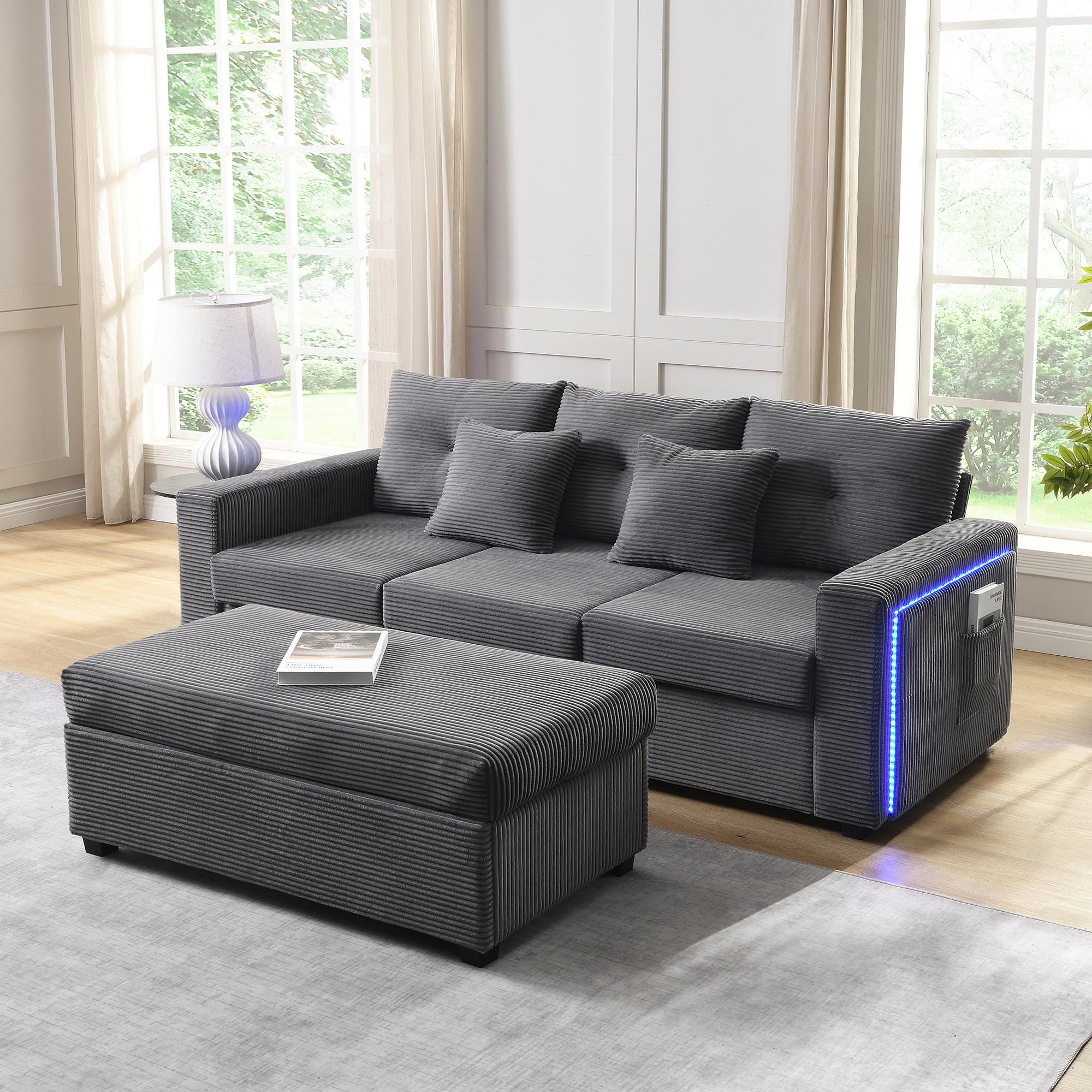 Divano angolare modulare a forma di L in tessuto a coste, divano con funzione letto, divano con illuminazione a LED, tasche laterali, sgabello regolabile e 2 cuscini, per soggiorno e camera da