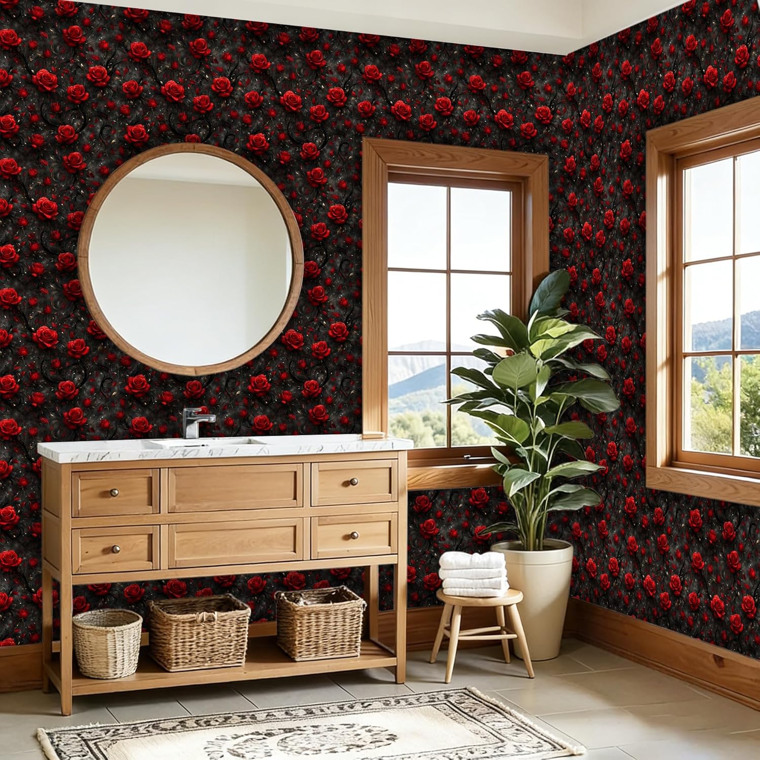 Peel and Stick Gothic Wallpaper Self Adhesive Dark Rose Wall Paper Removable Renter Friendly Wallpaper Contact Paper for Cabinets Kitchen, Red and Black 17.7x197 in