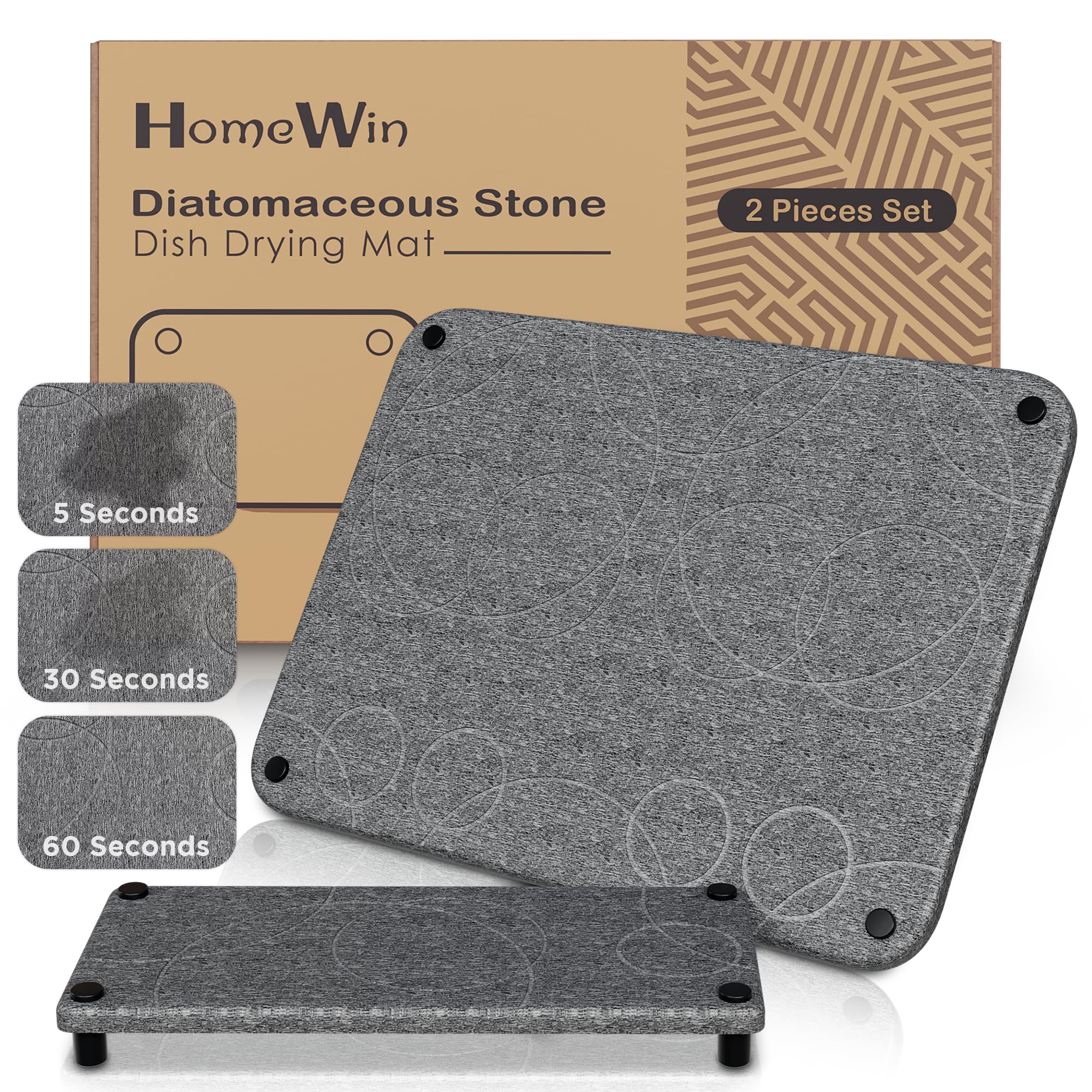 HomeWin 2Pack Fast Absorbent Stone Drying Mat for Kitchen Counter - Small Large Diatomaceous Earth Dish Drying Mat with Sandpaper, Nonslip Pad - Easy to Assemble Diatomite Quick Dry Pad Stone for Sink
