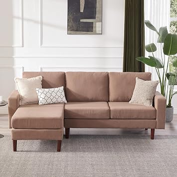 Tbfit L Shaped Sectional Couch, 88" Sofa with Convertible Chaise, Mid Century Modern Sofa with Solid Wood Legs, 4 Seat Brown