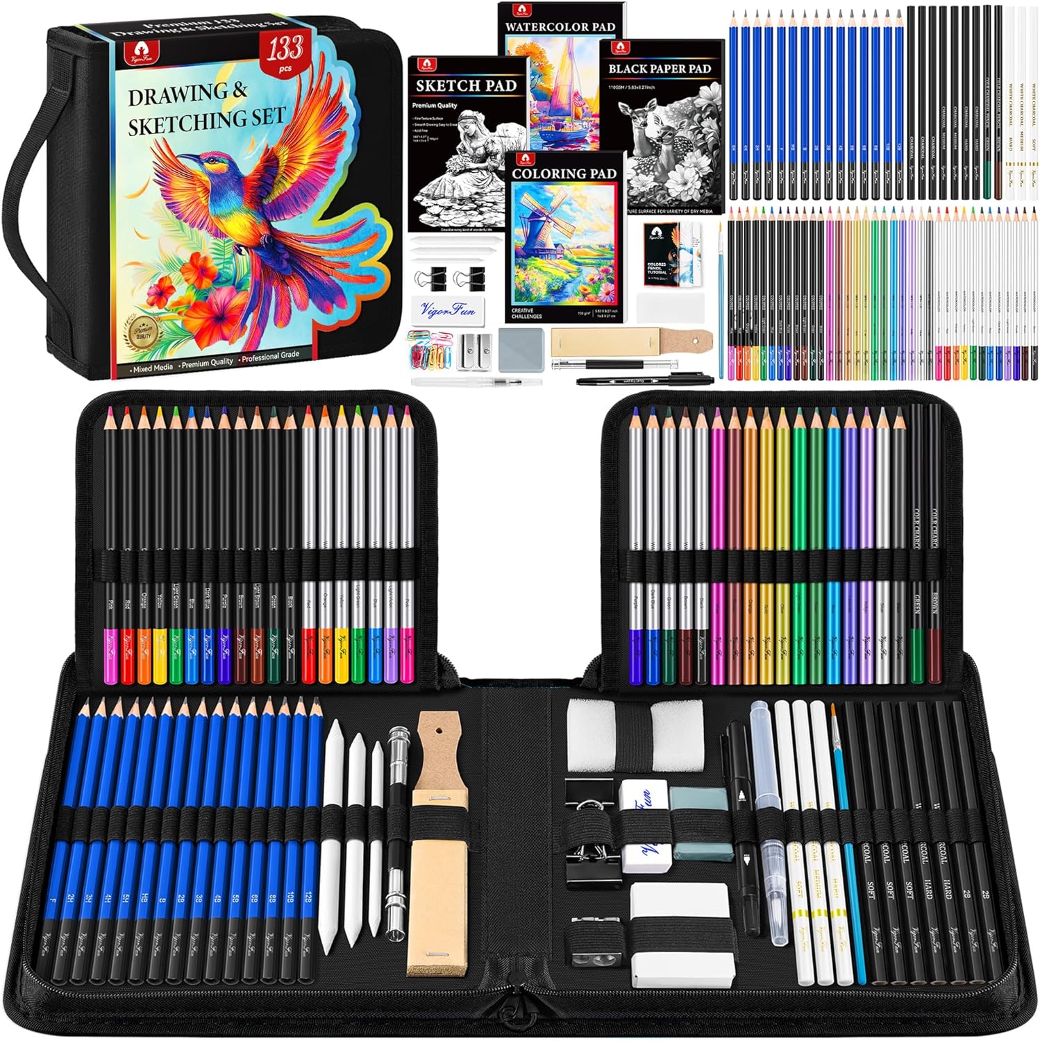 133 PCS Art Supplies Sketching Kit, Pro Drawing Pencils with Sketchbook, Coloring Book, Watercolor Pad, Black Paper Pad, Colored Graphite Charcoal Watercolor & Metallic Pencils for Artists Adults