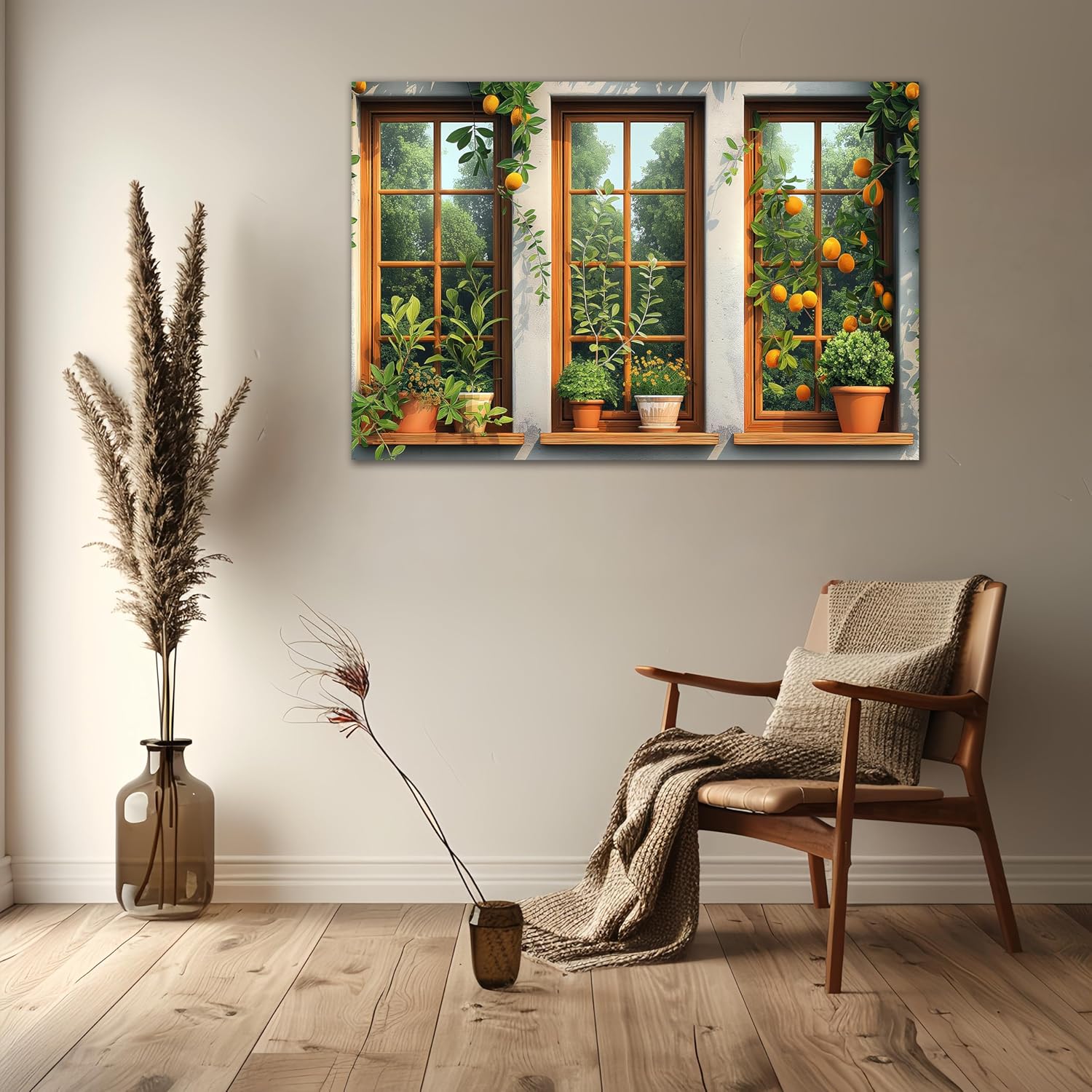 AMAZING WALL Fake Window Wall Decals Botanical Garden Citrus Vines Triptych Peel and Stick Removable Kitchen Dining Decor,32x48in/2PCS