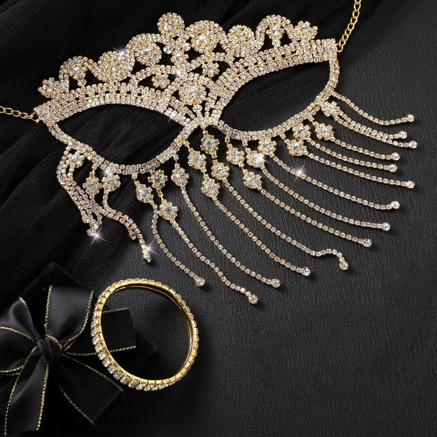 Sureio 3 Pack Masquerade Mask for Women Masquerade Jewelry Set Tassel Mask Fringe Veil Face Chain Rhinestone Crystal Necklace Bracelet for Halloween Wedding Cosplay Costume Party Accessory