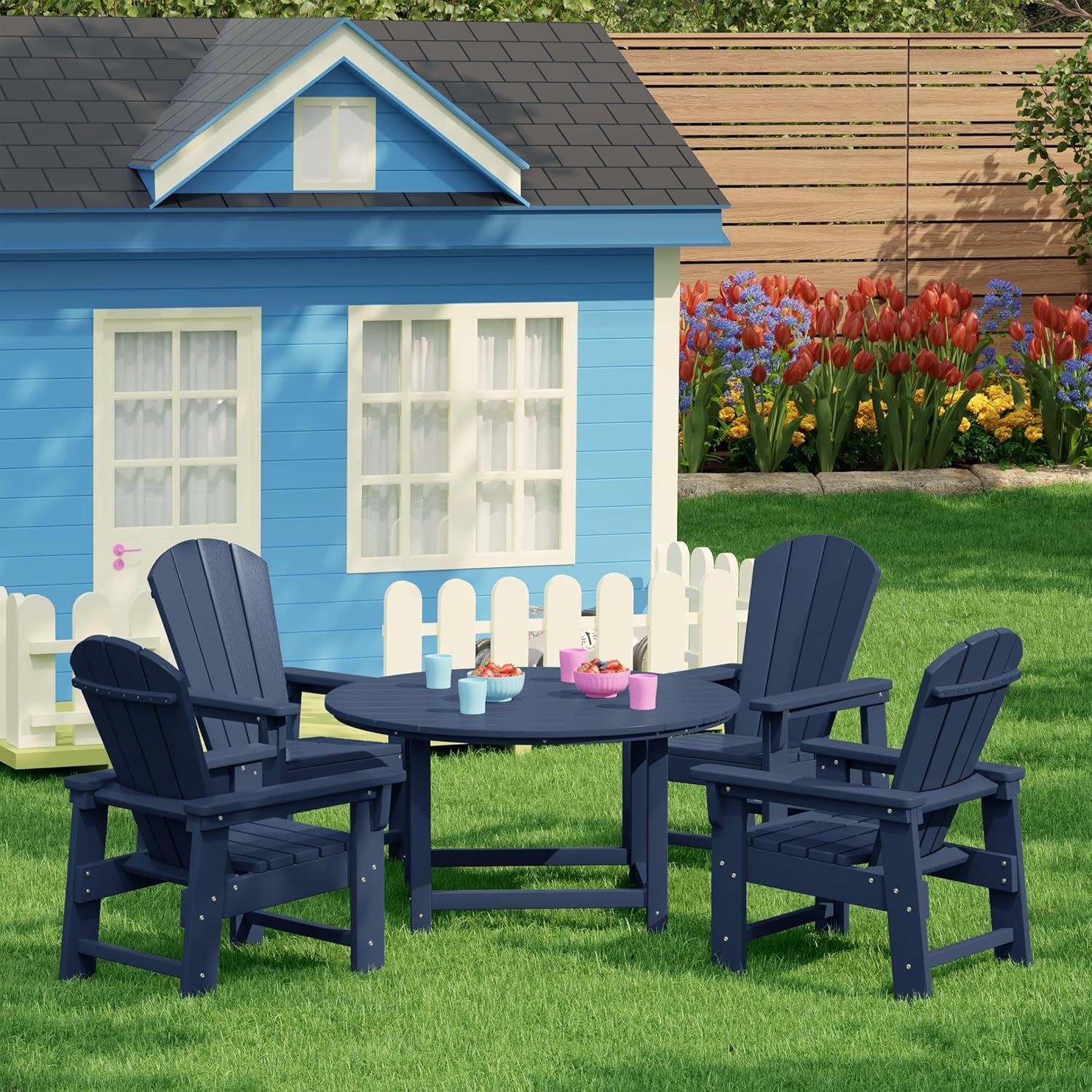 WestinTrends Malibu Kids 5-Piece HDPE Outdoor Patio Round Dining Table and Chairs Set, Navy Blue