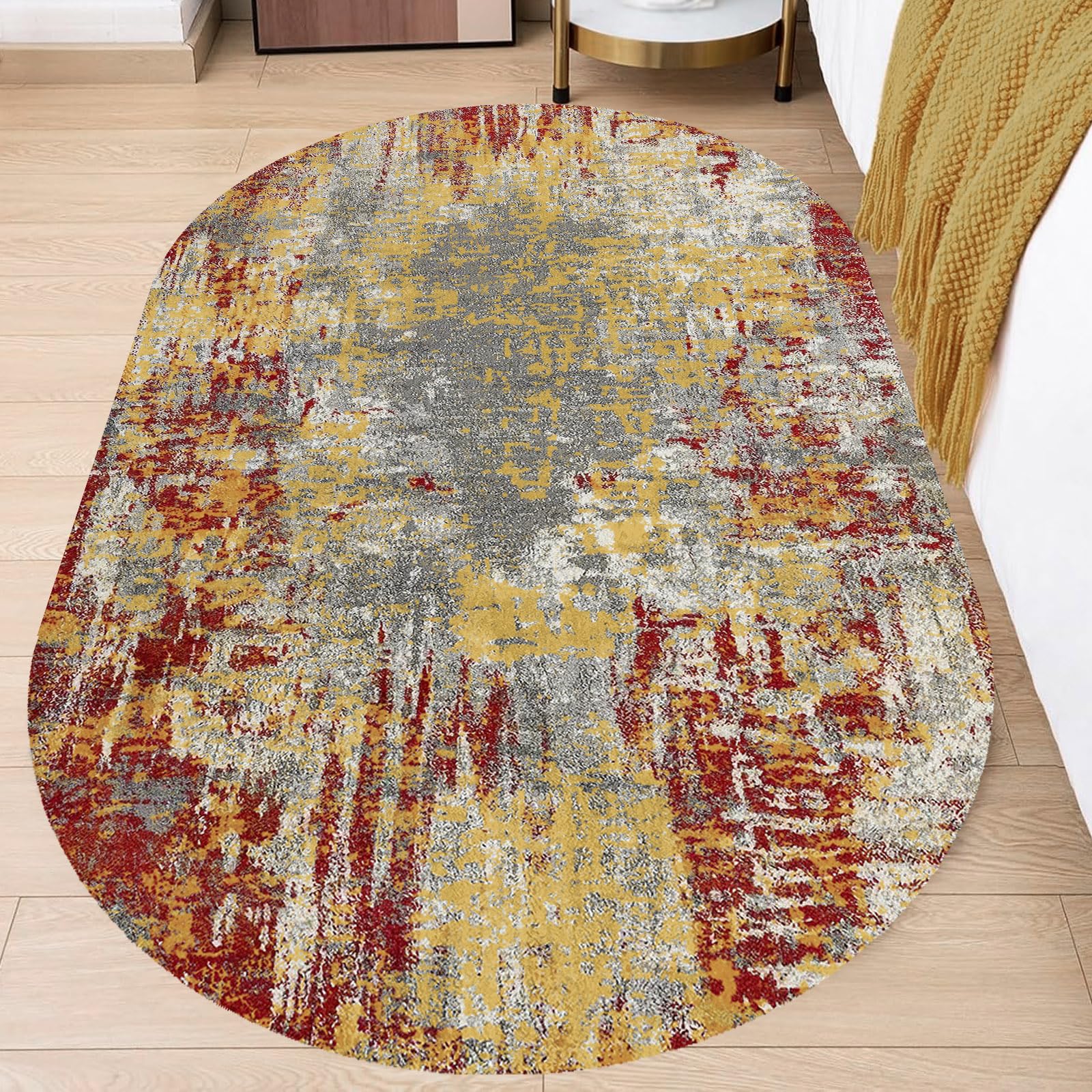 Moderner abstrakter Teppich, Senfgelb & Grau, mehrfarbig, oval, 80 x 140 cm, perfekt für Wohnzimmer, Küche, Waschküche, Flur und Schminktisch, Bodenmatte