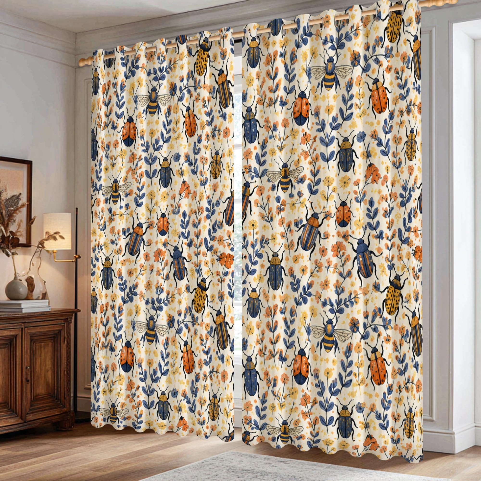 Rideaux occultants motif Beetle pour cuisine et salon jaune automne
