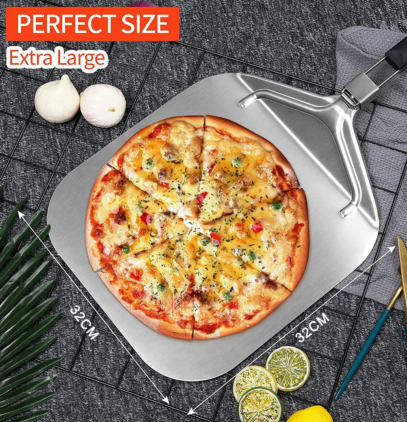 Pala per Pizza Corta, Professionale 63,2 x 32cm, Supporto di una Grande Superficie, con Manico Forata Pieghevole per Forno e Barbecue per Cuocere Pane, Longueur Totale 63,2cm