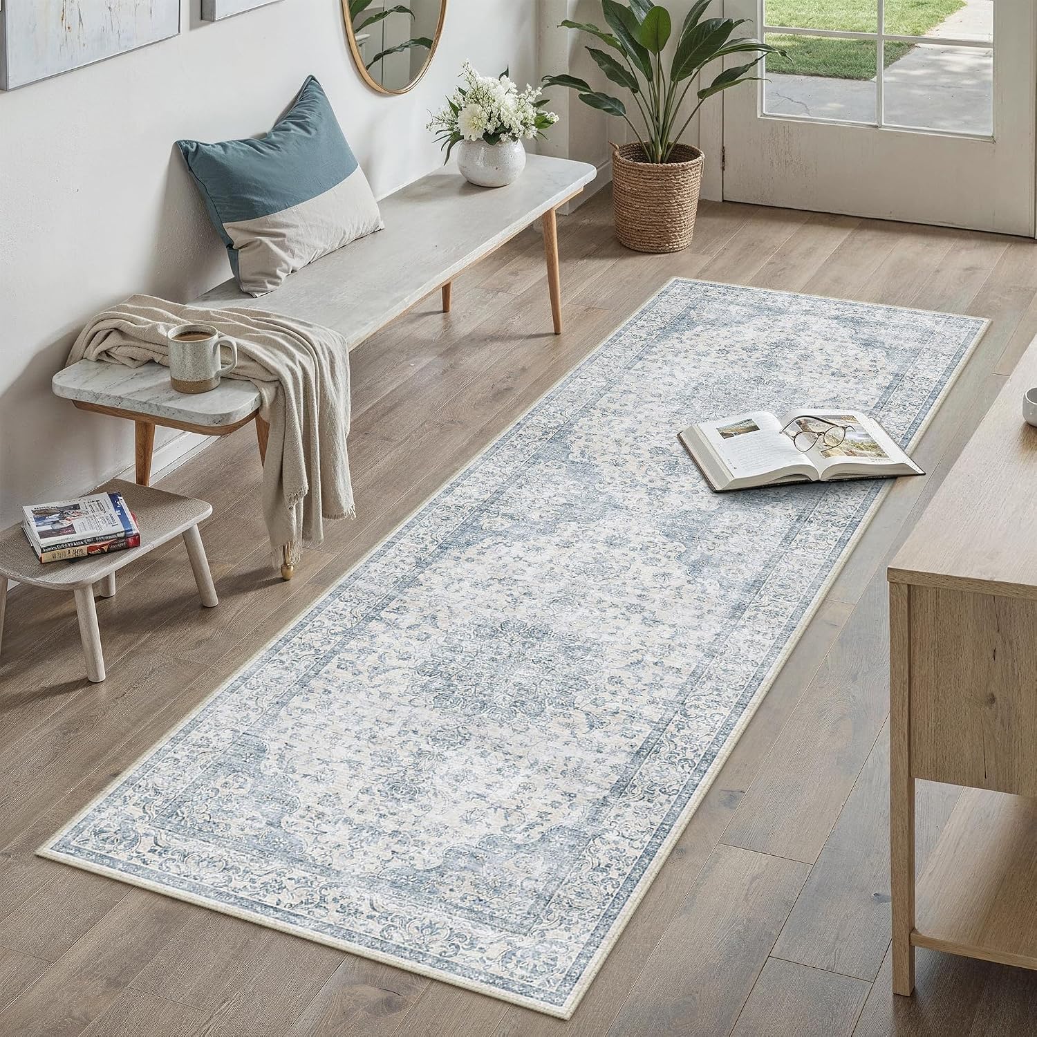 PureCozy 2x6 Runner Rug Washable Neutral Blue Vintage Hallway Kitchen Carpet Non Slip Low Pile Soft Floral Indoor Long Throw Rug for Bedroom Bathroom Laundry Living Room