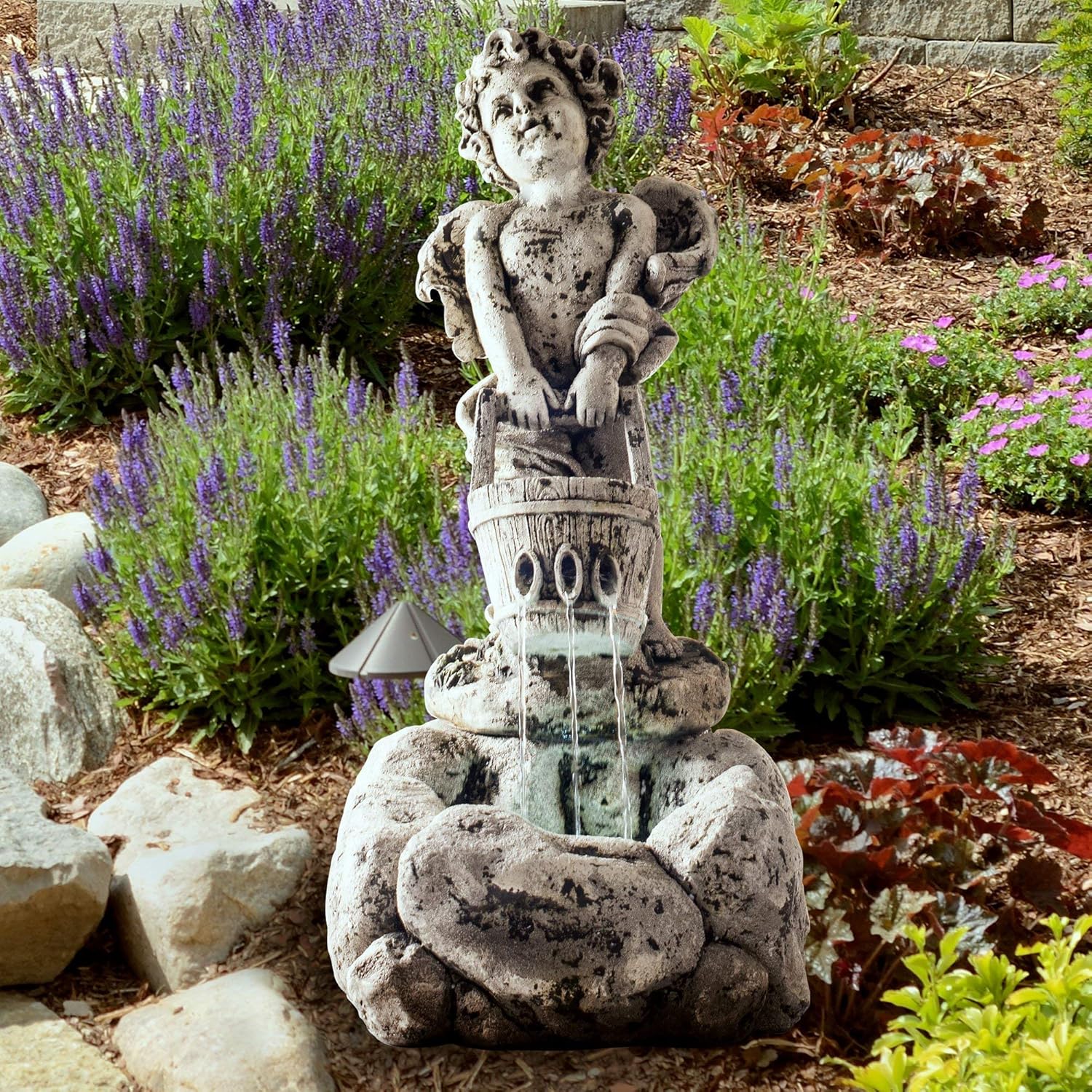 Outdoor Water Fountain With LED Lights, Lighted Cherub Angel Fountain With Antique Stone Design for Decor on Patio, Lawn and Garden By Pure Garden : Patio, Lawn & Garden
