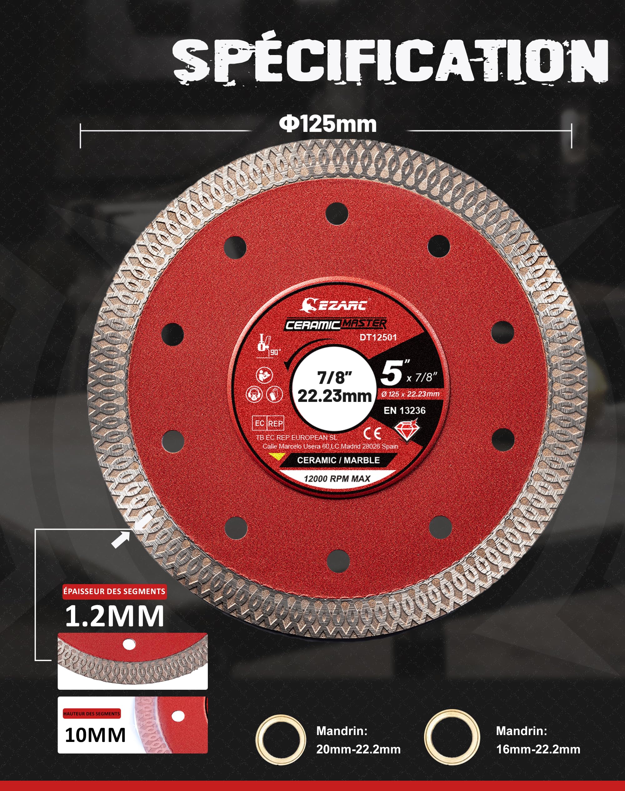 EZARC Disque Diamant 125 mm, Disque Diamant Carrelage Extra Fin, Disque Ceramique pour Céramique, Carrelage, Marbre (Lot de 2)