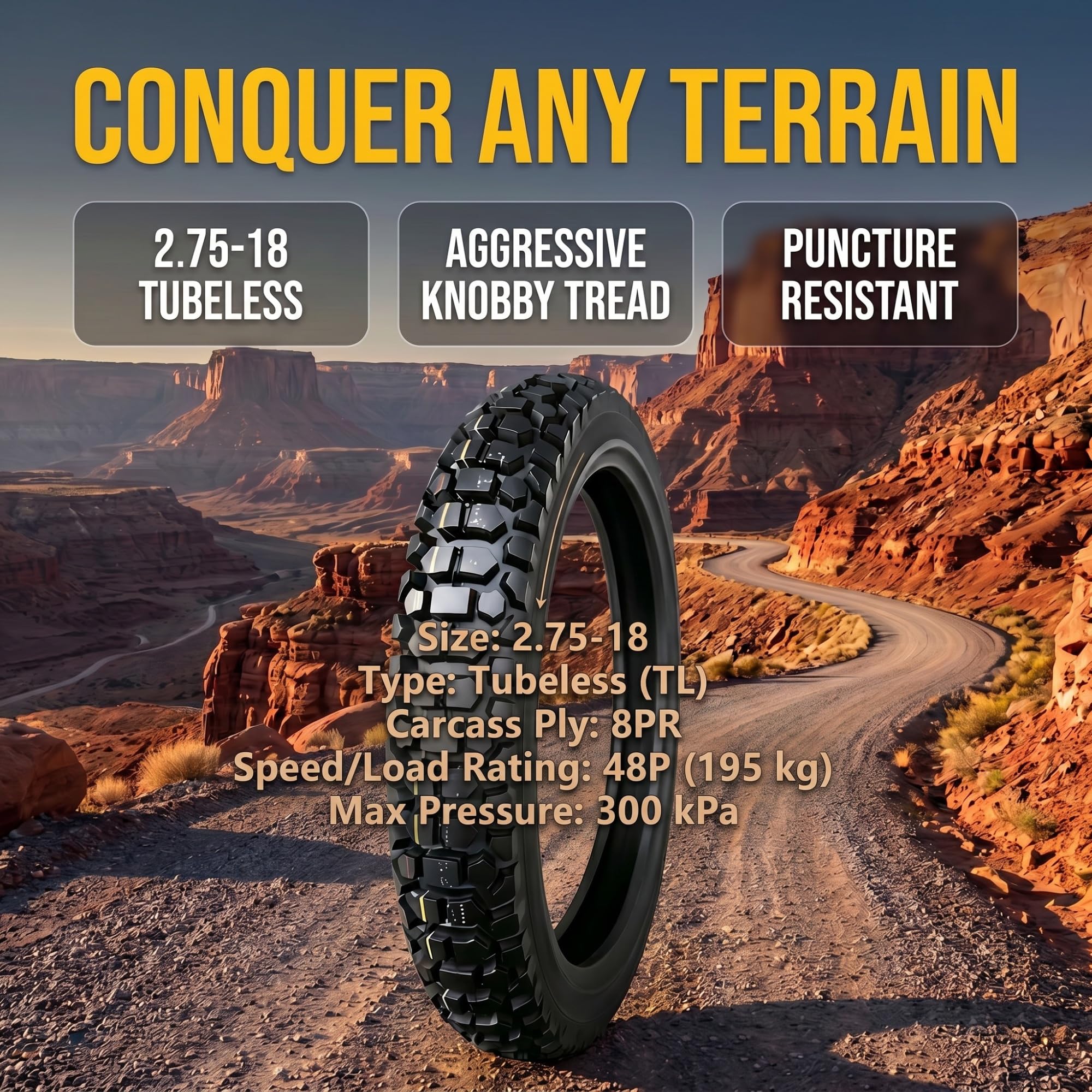 2.75-18 Pneu Moto Tubeless pour Jante 18 Pouces 2.75/18 8 Plis 48P 300kPa 195kg Charge Max 2.75 18 Profil Tout-Terrain