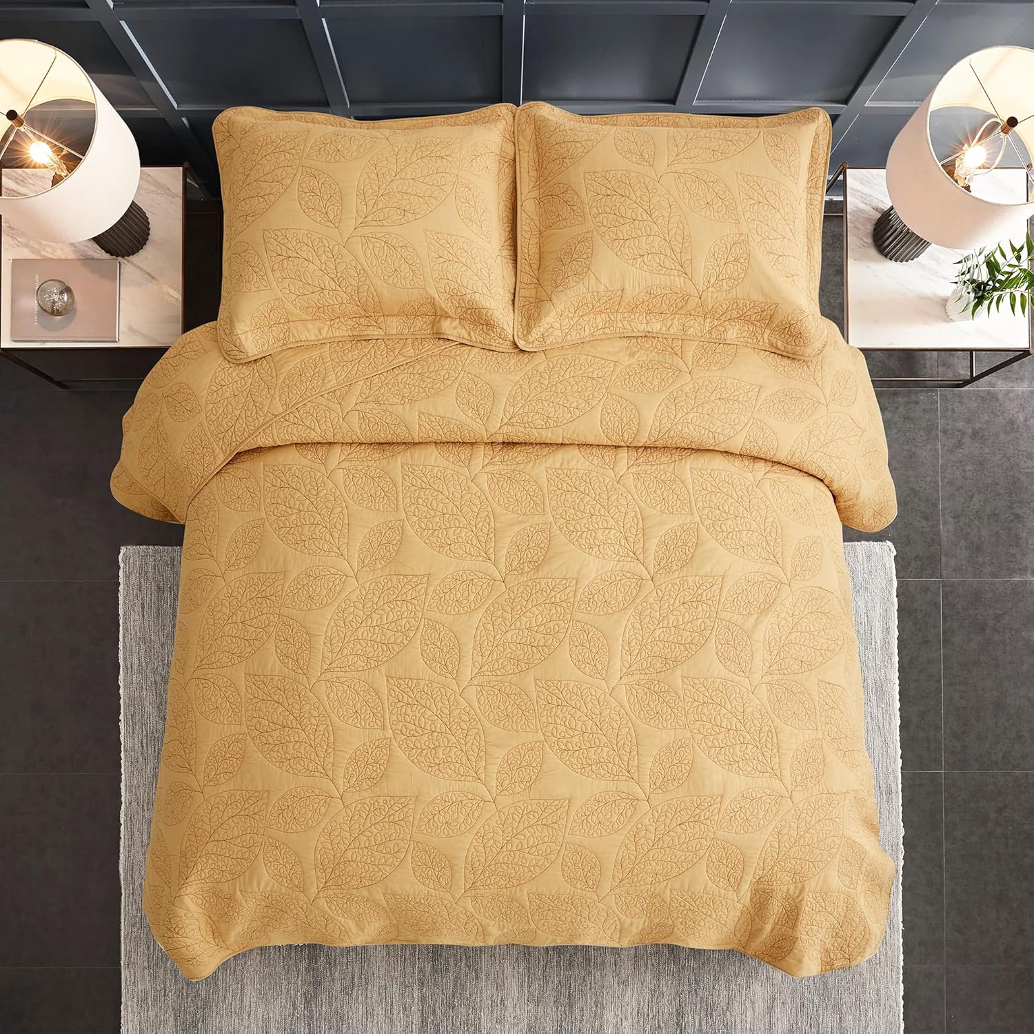 CHIXIN Botanical Cotton Quilt California King Size - Real Stitching Leaf Pattern - Quilted Bedspread Coverlet Set, Ultra Soft, Lightweight, Reversible, 3 Piece, Honey Gold