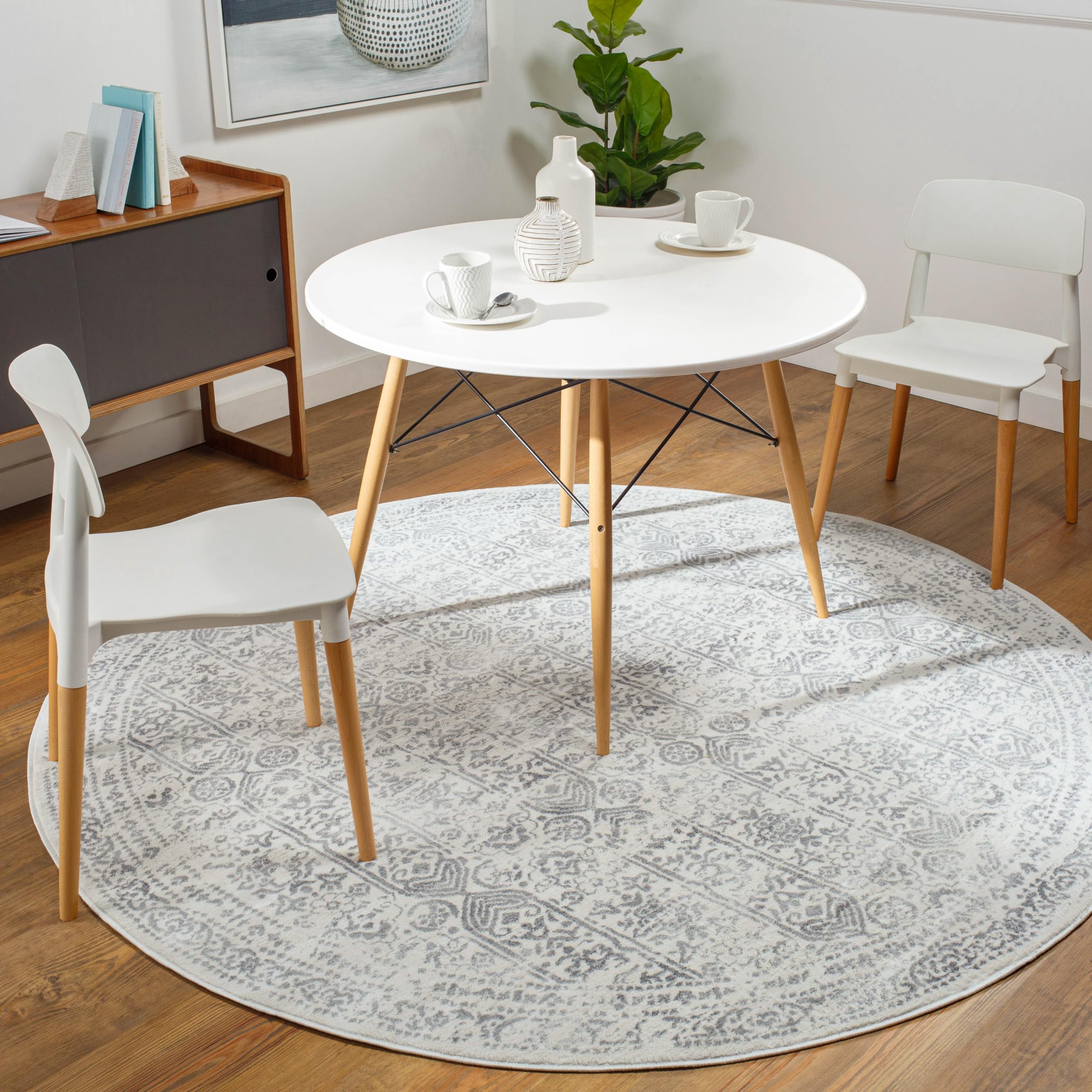 Livabliss Vicky Marrakech Vintage Round Floor Covering 200 cm – Scandi Neutral Boho Pattern for Living Room & Bedroom, Easy Care Pile, Grey & Cream