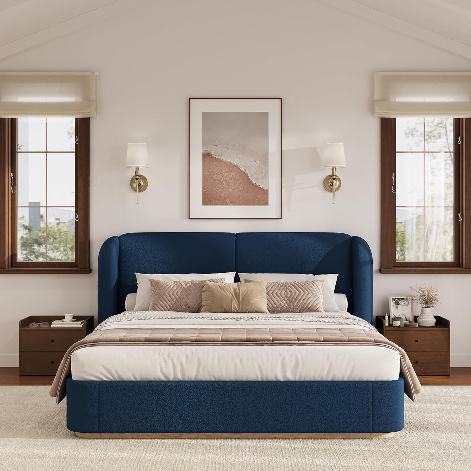 Christopher Knight Home Zita Boucle Upholstered Queen Bed Frame with Headboard, Wing Back Platform Bed, Wooden Queen Size Bed Frame, No Box Spring Needed, Slats Panel Support, Heavy Duty, Dark Blue