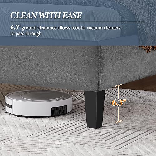 Miniatura 7 de Yaheetech Base de cama tamaño matrimonial, cama tapizada de terciopelo con cabecera curva, cabecera ajustable en altura, sin ruido, soporte de