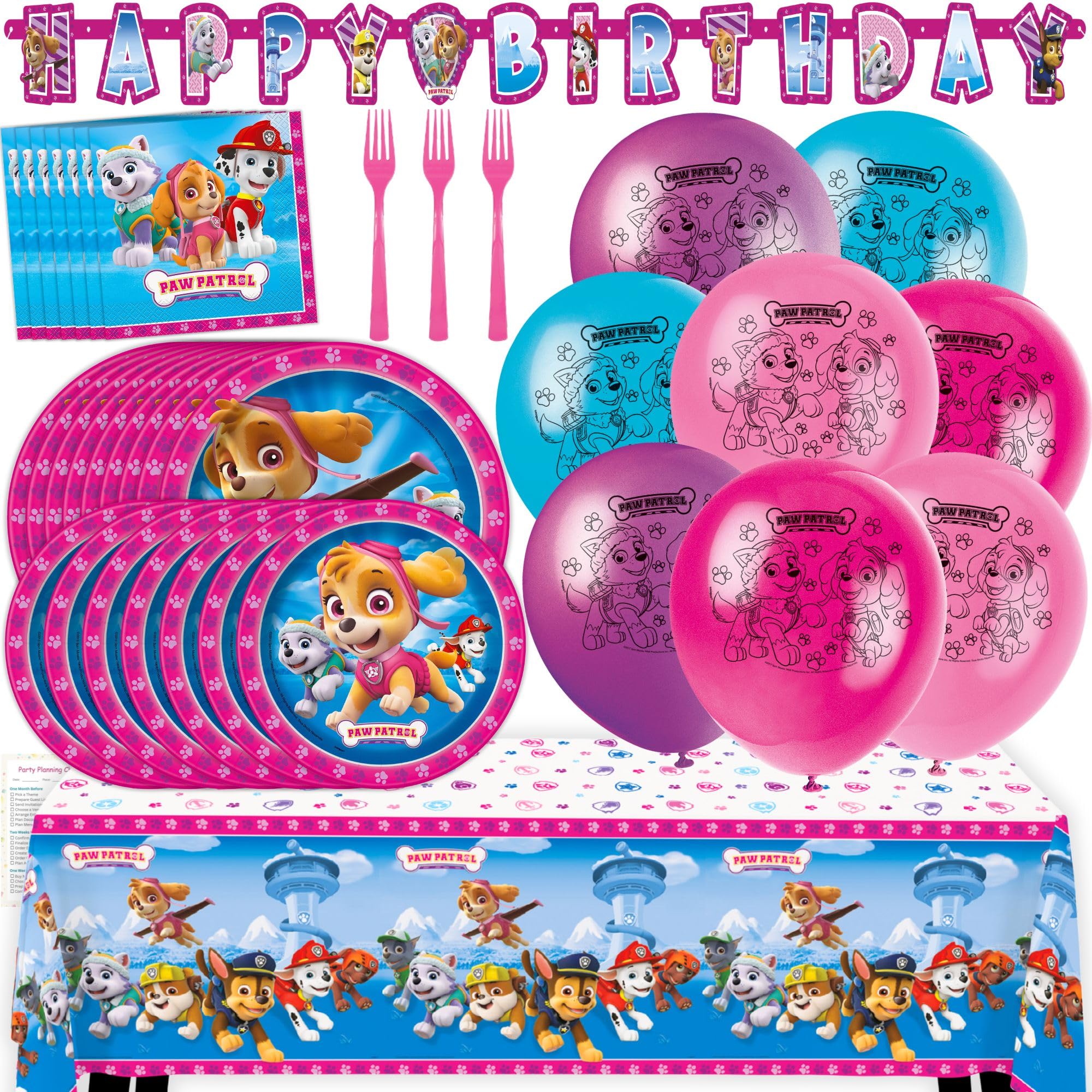 32 Plates included - Skye Paw Patrol Birthday Decorations - Complete Party Set for 16 - Dinner and Dessert Plates, Napkins, Banner, Tablecloth,