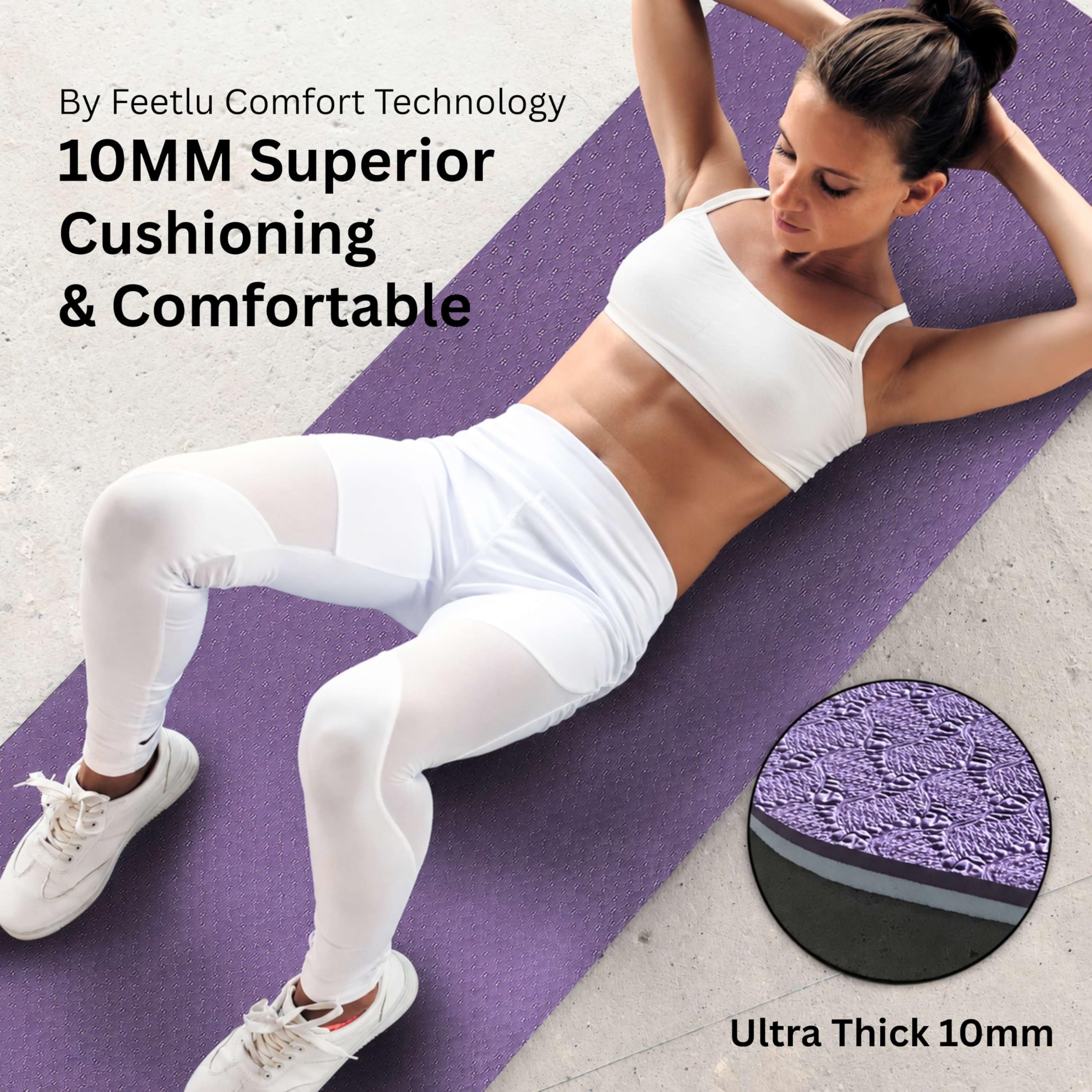 Tappetino da yoga per esercizi, 10 mm, extra spesso, antiscivolo, con cinghia per il trasporto, per donne e uomini, yoga, pilates, fitness, casa, palestra, dimensioni 182 x 61 cm