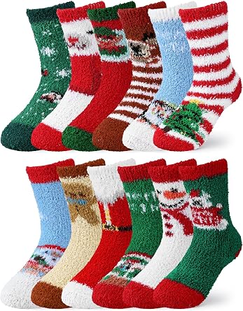 Liitrsh 12 Pairs Christmas Kids Fuzzy Socks Bulk Warm Winter Cute Funny Cozy Fluffy Slipper Socks for Boys Girls Xmas Stocking Gift