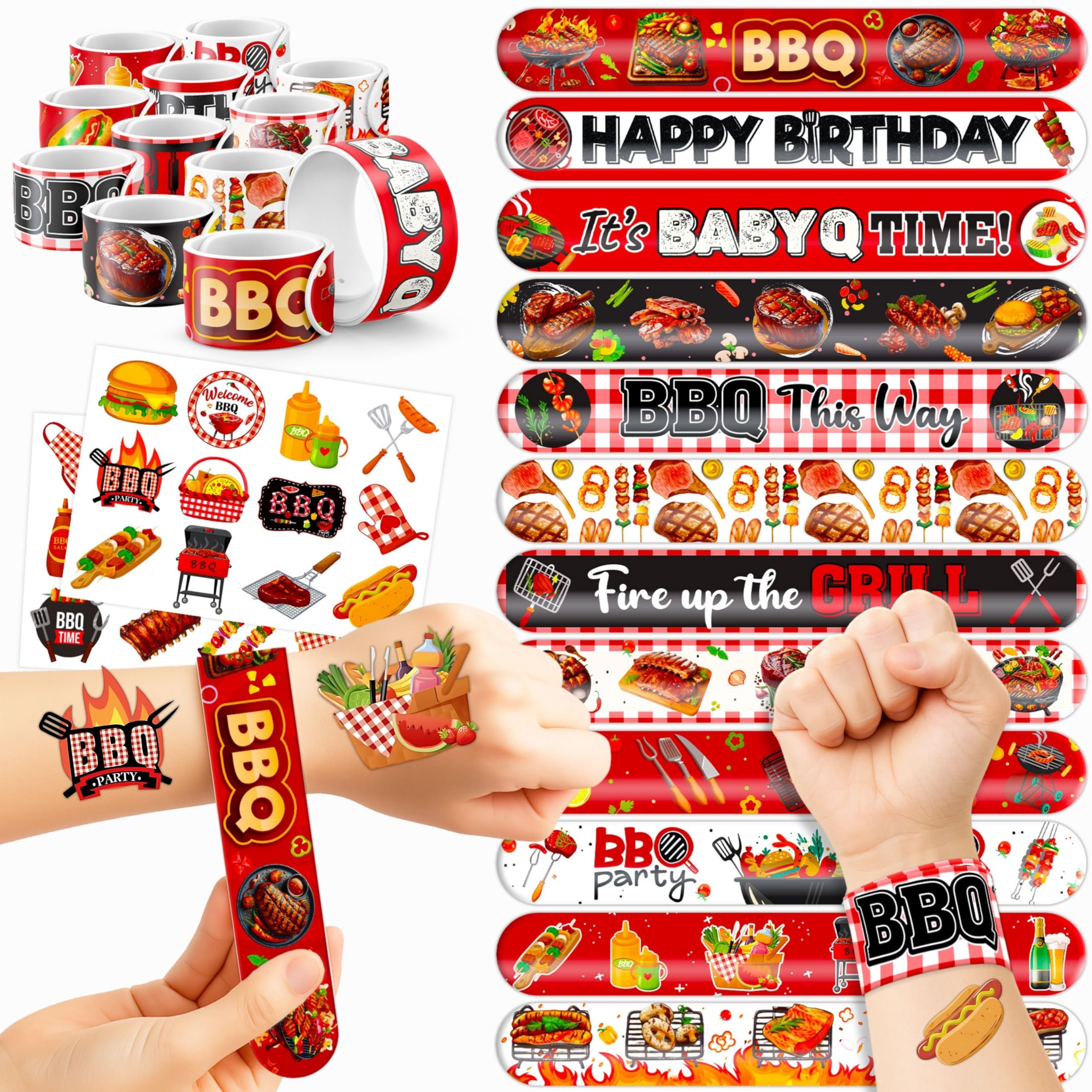 CHERISNOWY 48PCS BBQ Party Favors, Temporary Tattoos & Snap Slap Bracelets