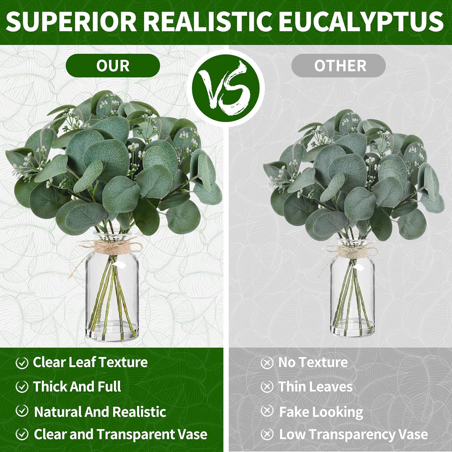 14" Artificial Eucalyptus Stems in Glass Vase with Faux Water, Realistic Eucalyptus Leaves Fake Plant Branch Greenery Decoration for Home Farmhouse Bathroom Kitchen Wedding Centerpiece Table Décor - Image 3