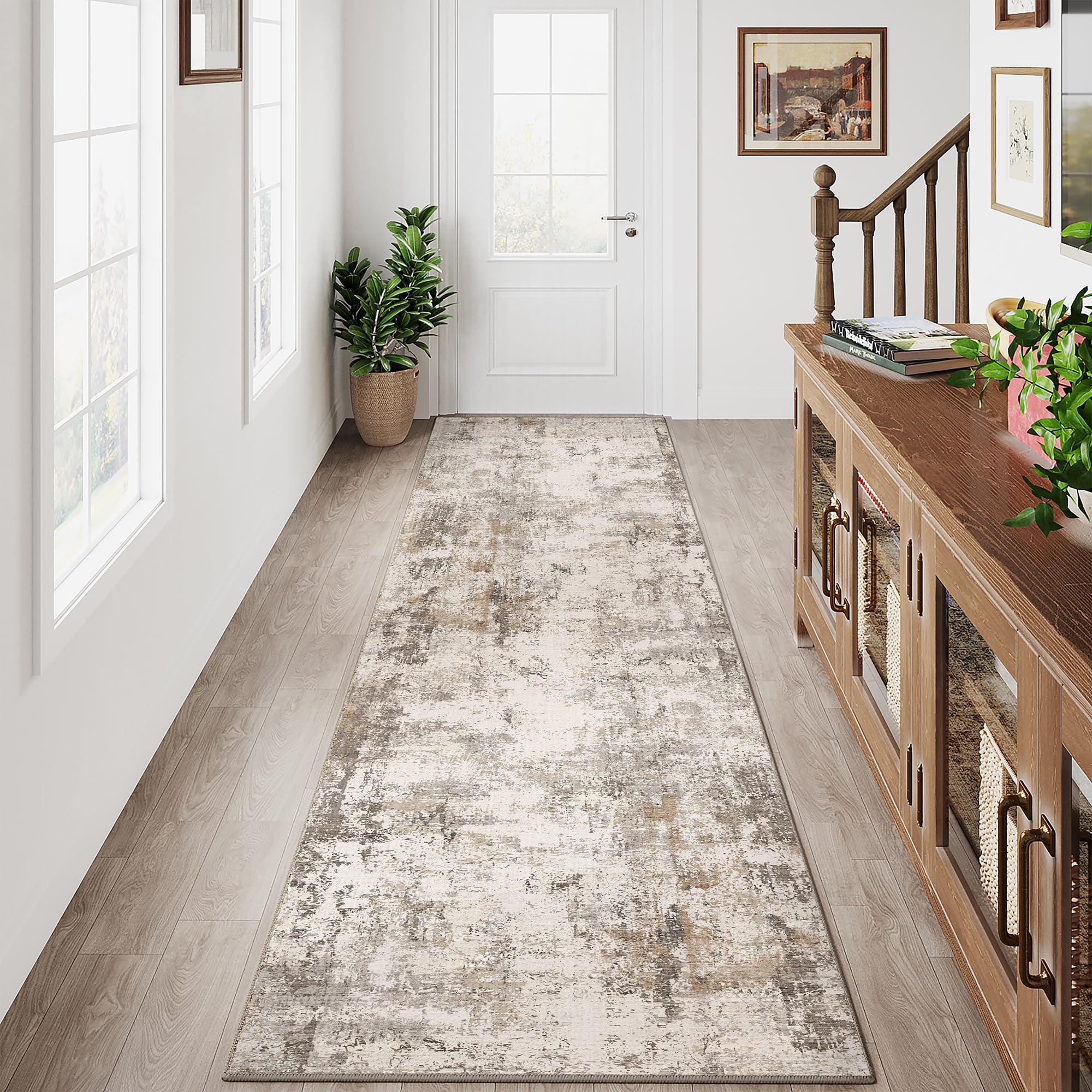 HUGEAR Washable Hallway Runner Rug 60x240cm Grey Brown Non Slip Abstract Natural Neutral Modern Long Carpet Runners Kitchen Bedroom Lounge Bedside Low Pile Carpets — image 1