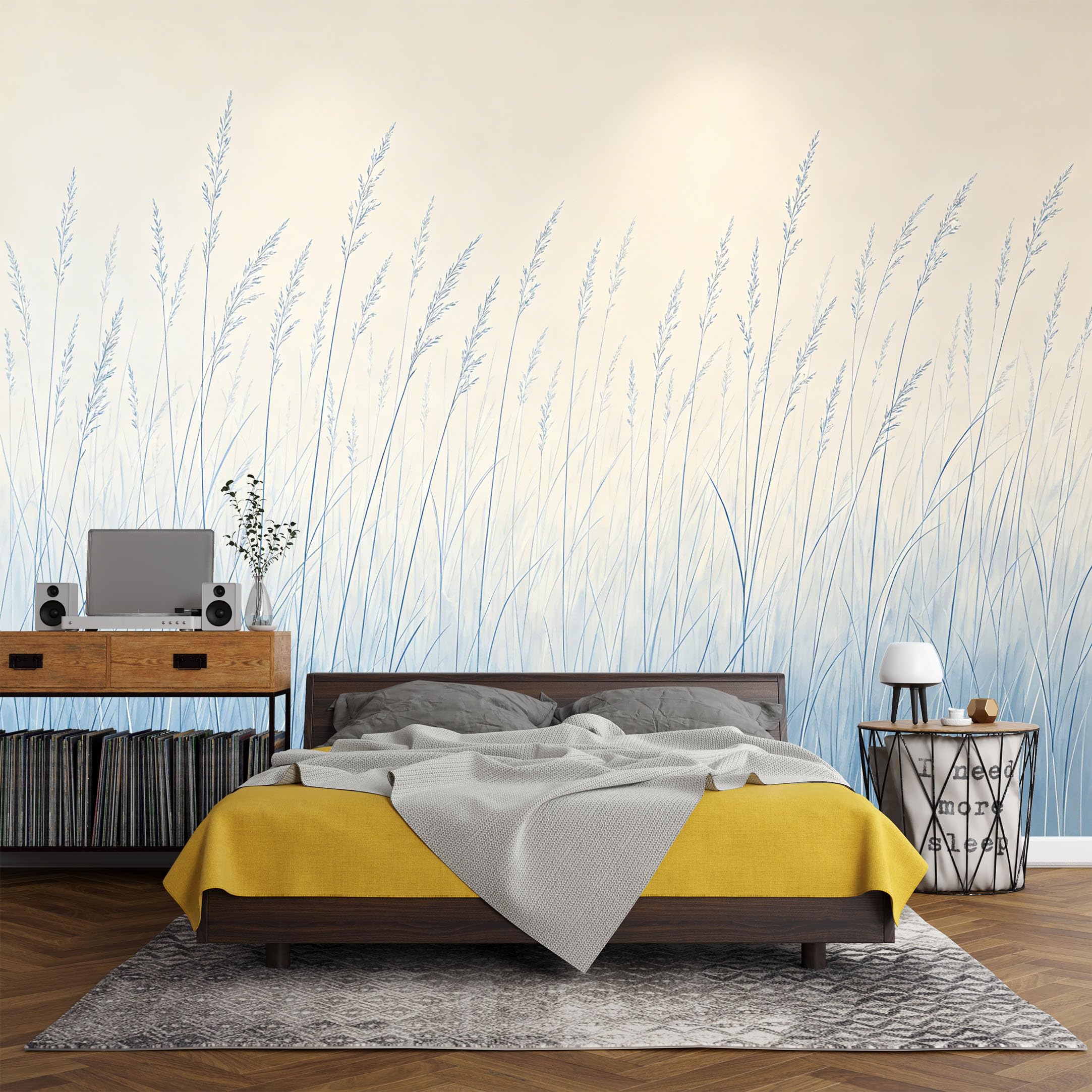Custom Size Wall Mural， Botanical Blue Reed Minimalist Grassfield Watercolor Design，SelfAdhesive Art Prints wall Fabric (No PVC) Removable Wallpaper Living Room Decor