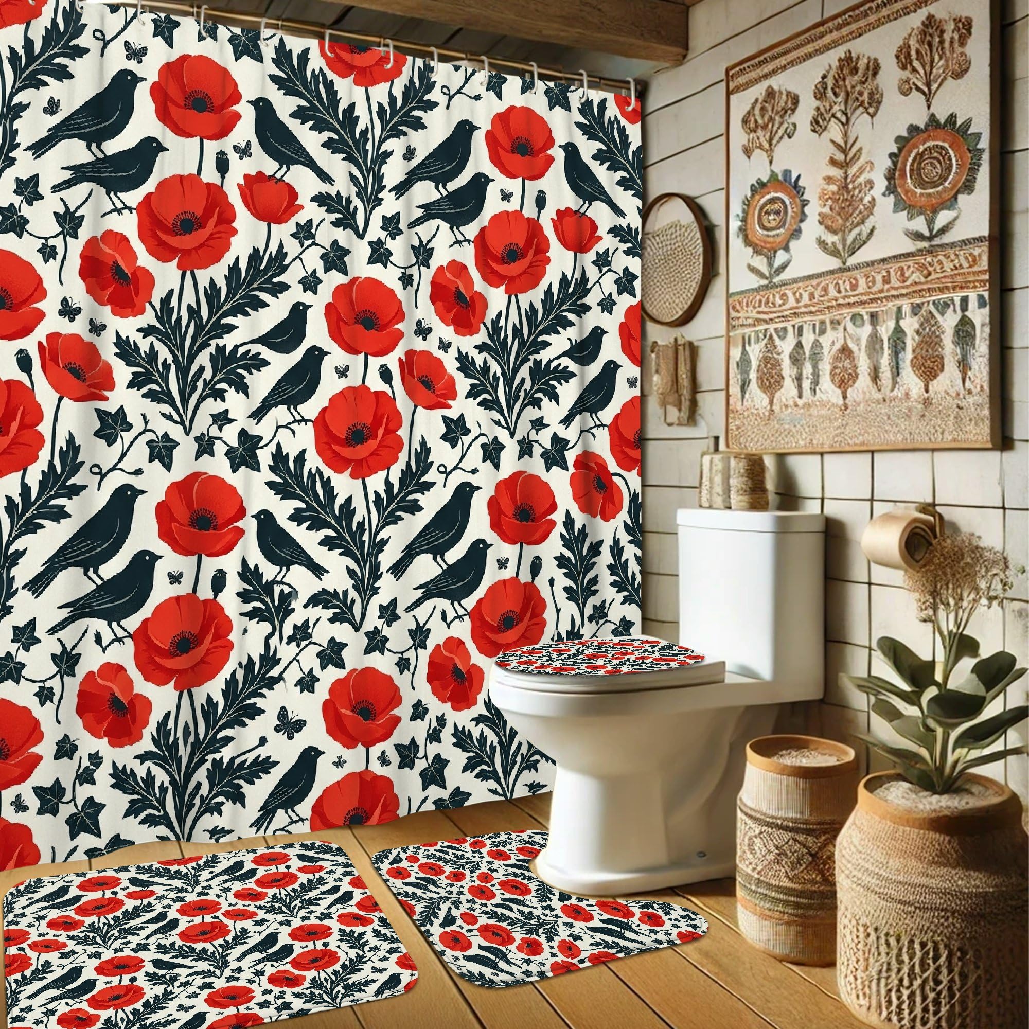 Rideau de douche coquelicot et tapis assorti pour décorer la salle de bain du dortoir