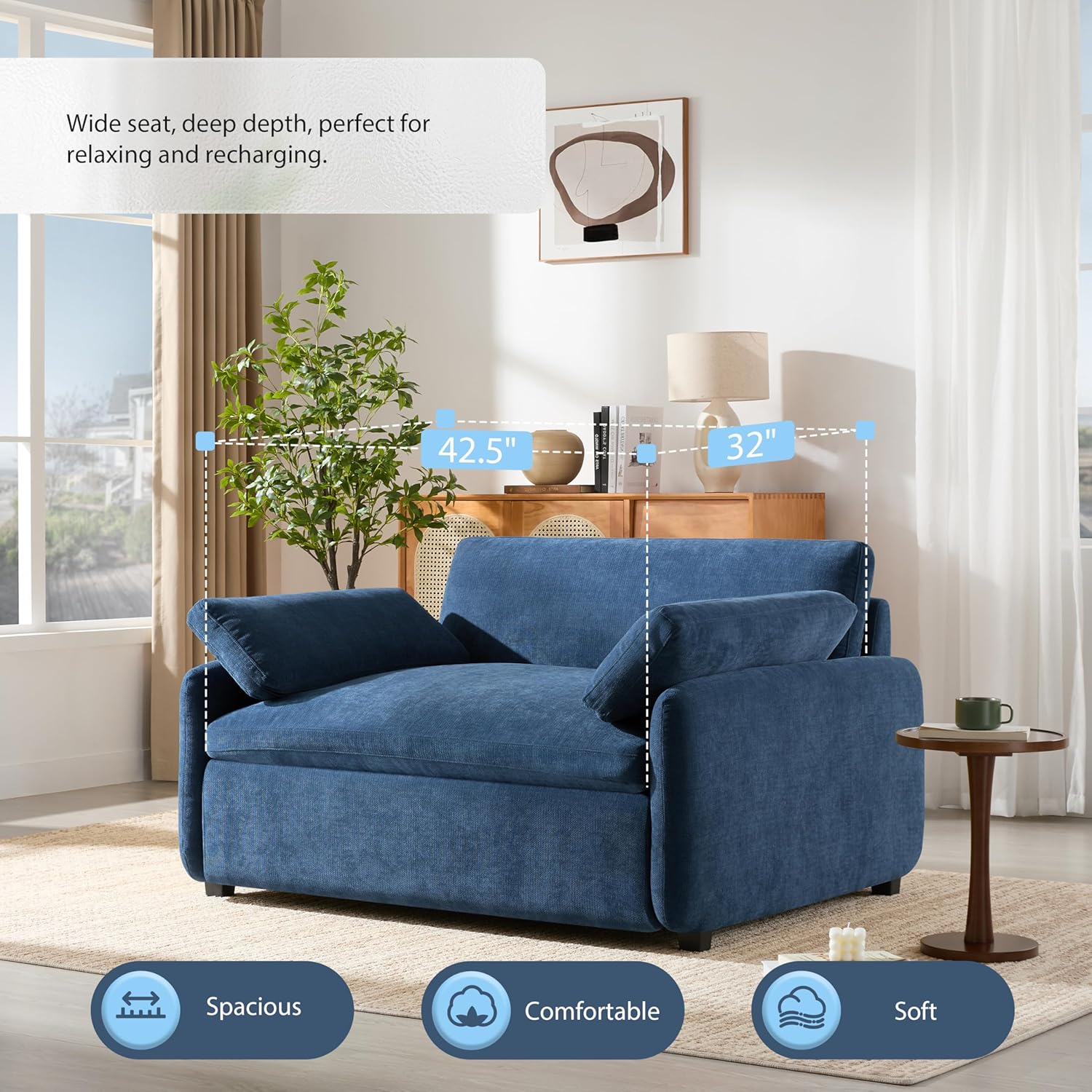 50 * 43” Oversized Modern Accent Chair, Ultra Wide and Deep Seat Single Sofa Chair, Chenille Soft Comfy Armchair with Two Throw Pillows for Living Room, Apartment, Dorm, Office (Blue)