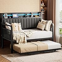 JOCOEVOL Twin Daybed with Pop Up Trundle, RGB LED Lights, Storage Headboard & Charging Station - Heavy Duty Metal Frame, Black