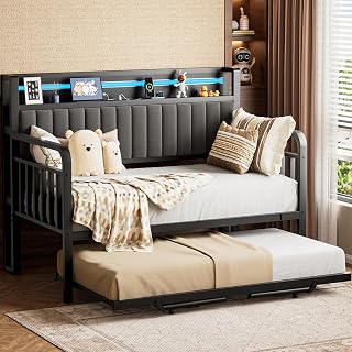 JOCOEVOL Twin Daybed with Pop Up Trundle, RGB LED Lights, Storage Headboard & Charging Station - Heavy Duty Metal Frame, Black