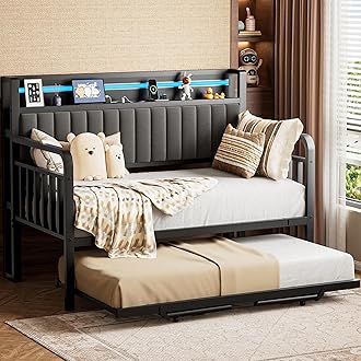 Daybed with Trundle and LED Light, Heavy Duty Metal Twin Bed Frame with Upholstered Storage Headboard & Charging Station, Day Bed Pop Up Trundle Bed Twin for Living Room,Bedroom and Guest Room, Black