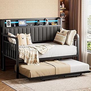Daybed with Trundle and LED Light, Heavy Duty Metal Twin Bed Frame with Upholstered Storage Headboard & Charging Station, Day Bed Pop Up Trundle Bed Twin for Living Room,Bedroom and Guest Room (Black)