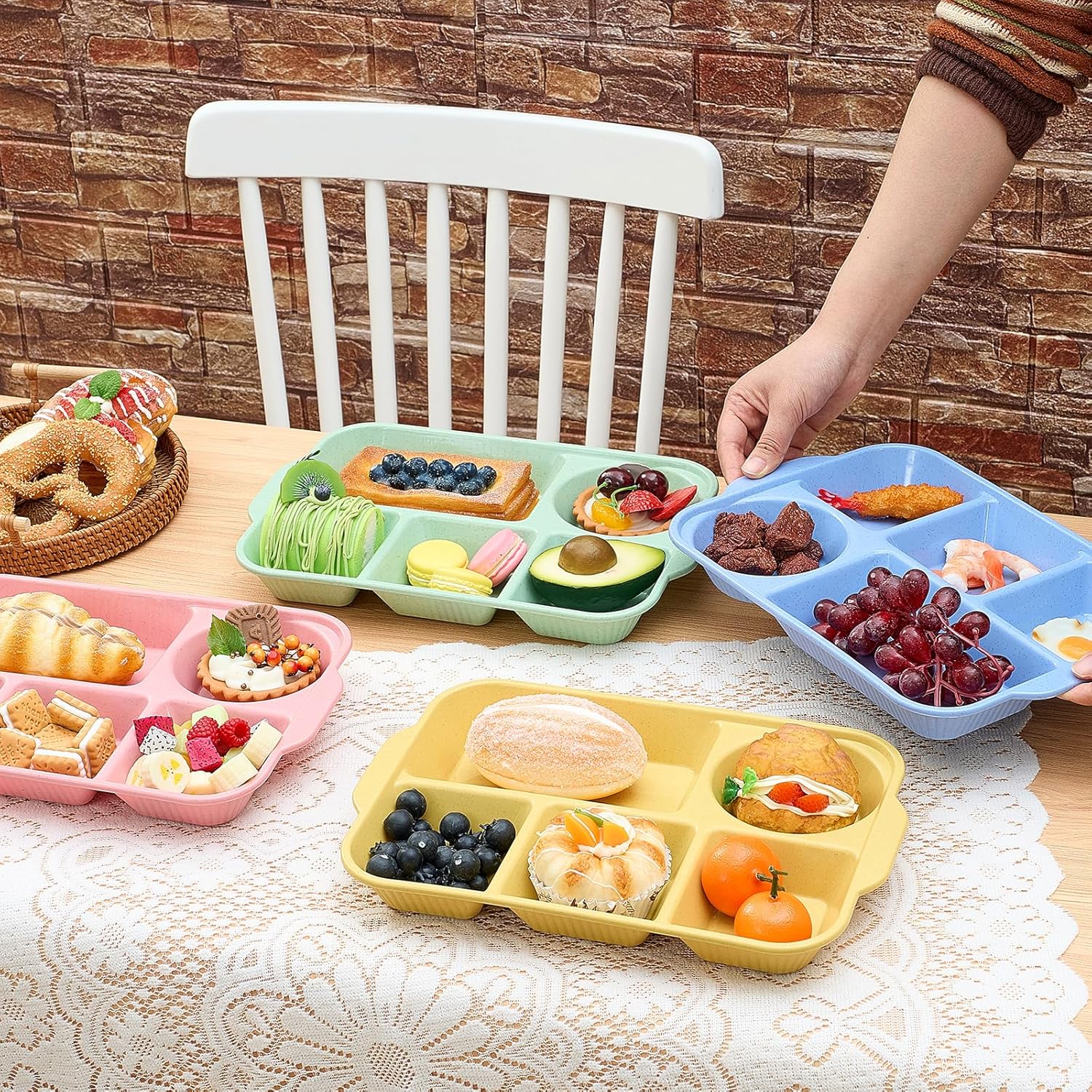 Pinkunn 8 Pcs 13'' Large Divided Plates Unbreakable Wheat Straw Dinnerware Lunch Trays Lightweight Reusable Plastic Compartment Microwave Dishwasher Safe Separator Plates (Fresh) - Image 6
