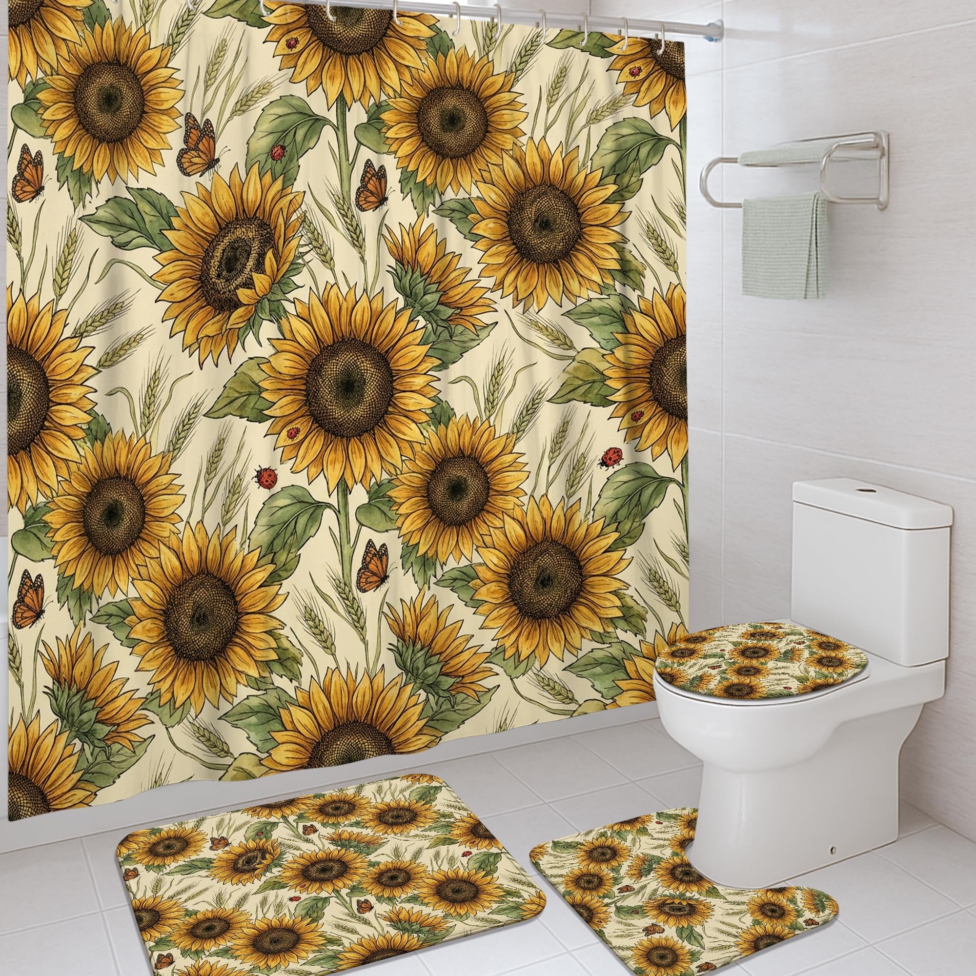 Rideau de douche tournesol avec tapis de bain jaune 183x183 cm