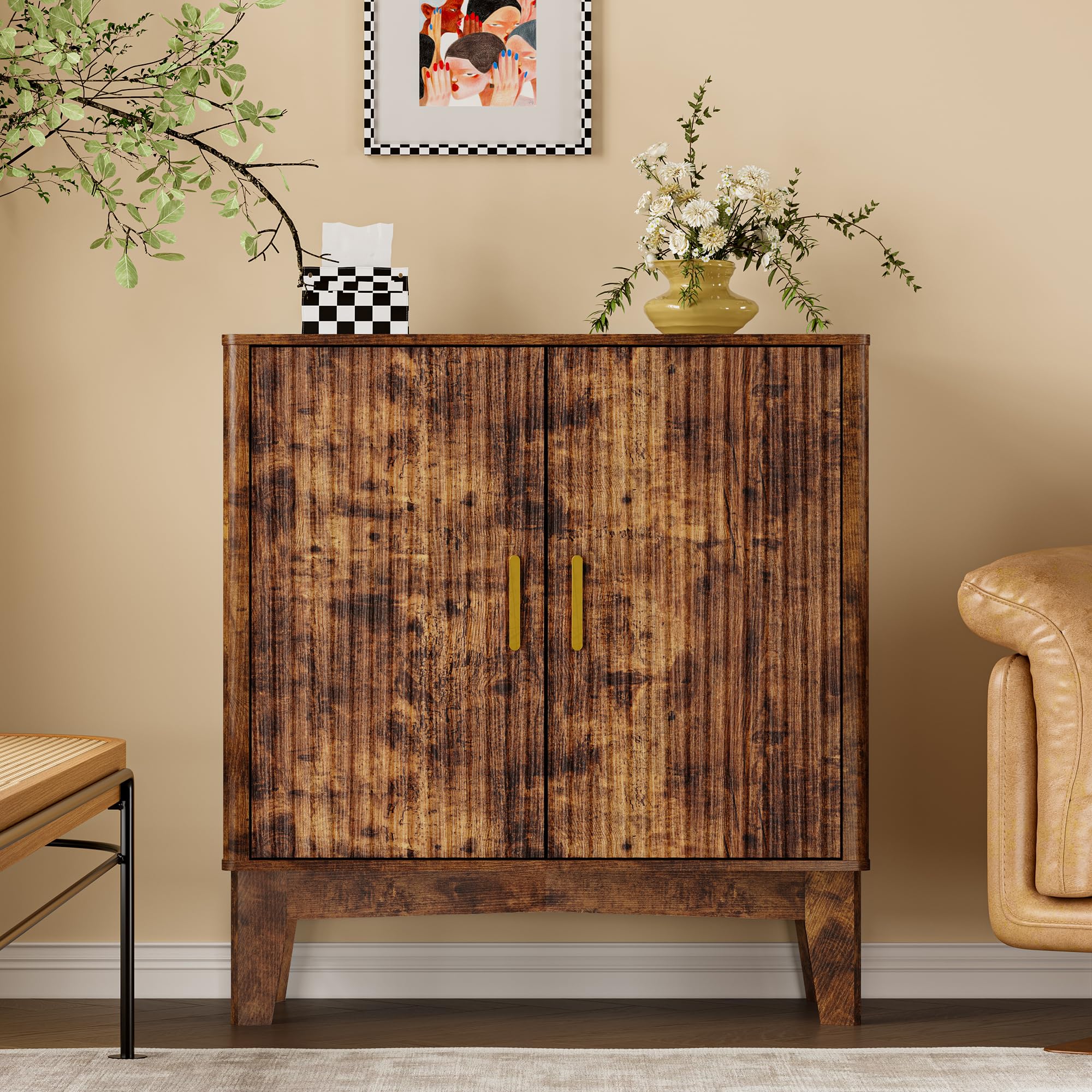 BORNOON Fluted Storage Cabinet with Doors and Adjustable Shelf Sideboard