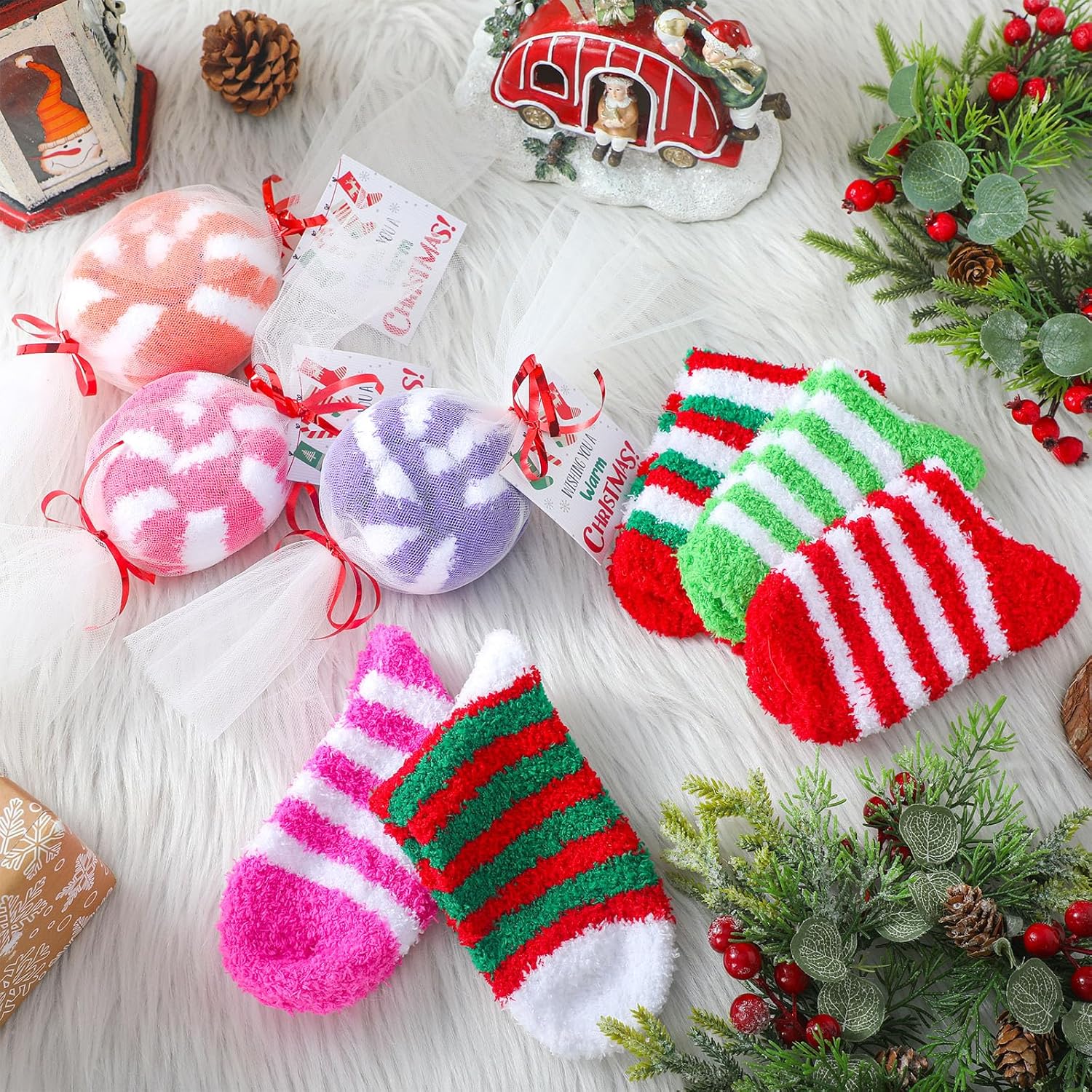 Shihanee 56 Pairs Warm Christmas Fuzzy Socks with Candy Gift Packaging Fuzzy Stripe Slipper Soft Fluffy Athletic Socks Stocking Stuffers Women Christmas Gifts - Image 6