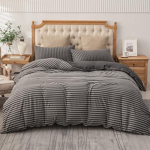 Miniatura 6 de PURE ERA Juego de funda de edredón de punto de jersey, 100% algodón jaspeado, súper suave, cómodo, diseño clásico a rayas, con cierre de cremallera,