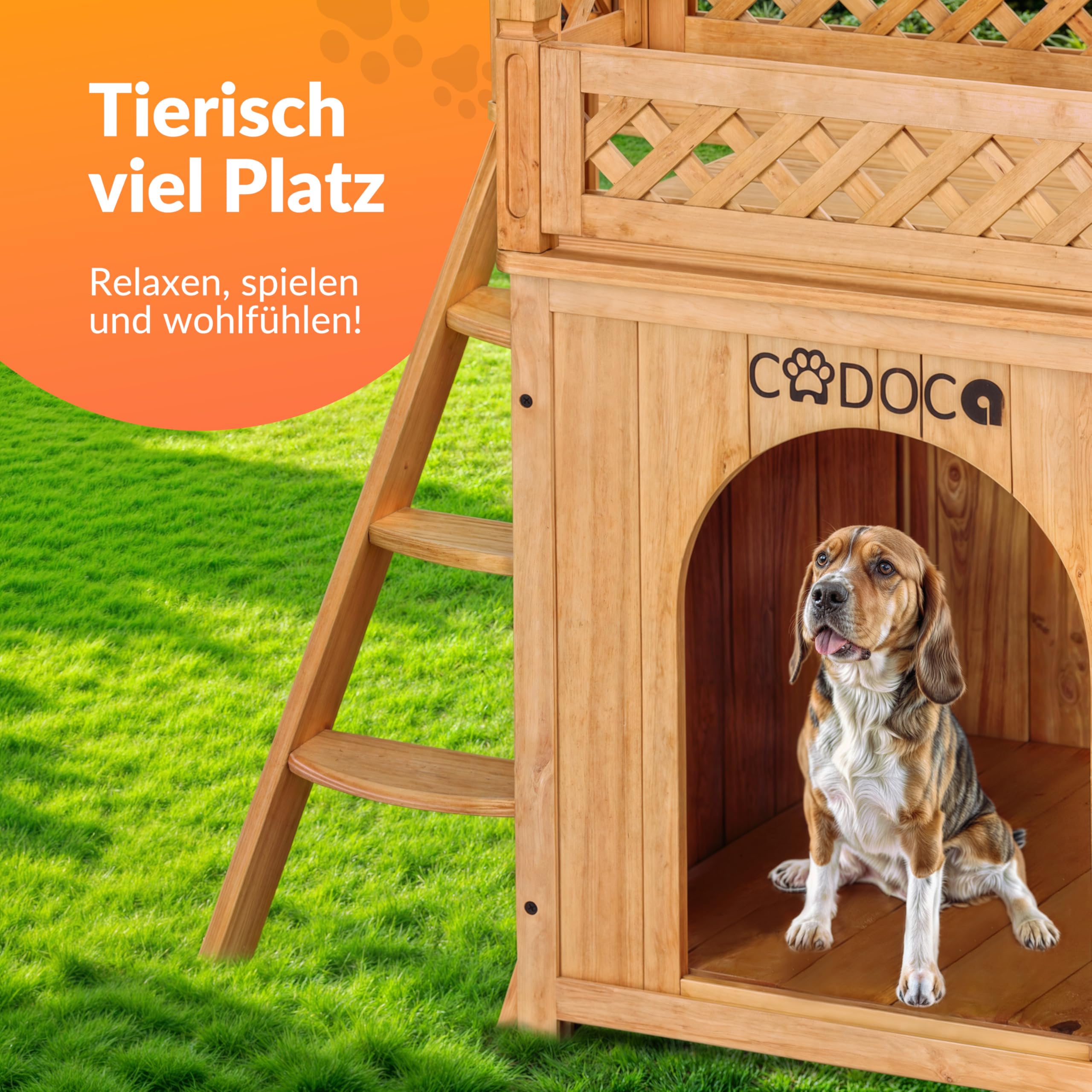 CADOCA® Tierhaus FSC®-Zertifiziert Kiefer 65x55x54cm 2-stöckig Treppe Sonnenterrasse Katzenhaus Katzenhütte Hundehütte Katzenvilla Lodge Balkon