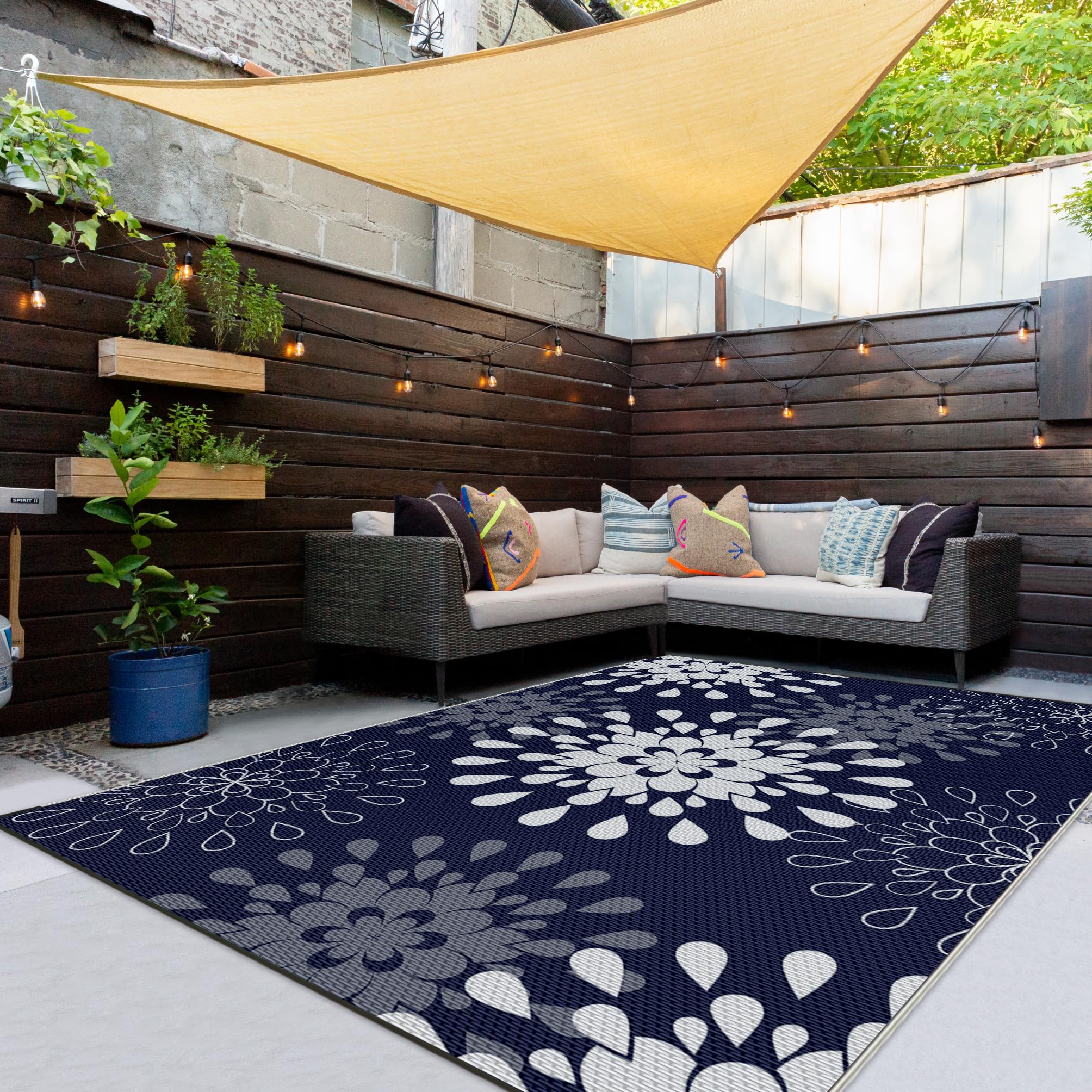 Outdoor Plastic Reversible Straw Rug Waterproof Outdoor Rugs for Patio Flower Blue & White 5x8ft-image-38