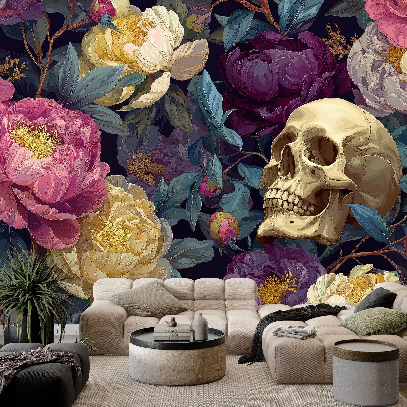 Tapete Fototapete 3d Effekt Dunkel Totenkopf Pfingstrose, 400 x 280 cm (B x H) Wandbild Wanddeko für Wohnzimmer Schlafzimmer, Mehrfarbig Vlies Tapeten mit Geruchsfreiheit Wandposter Wandkunst