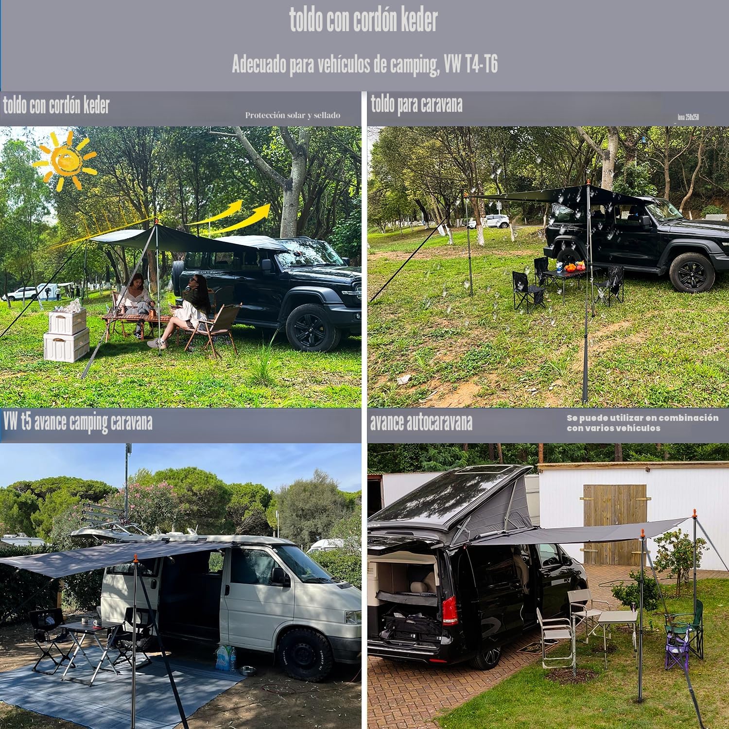 Toldo para furgoneta, toldo para caravana, toldo para coche, toldo para caravana, 250 cm, para Volkswagen T5, T4, T6, anti-UV (gris, 2,52 pulgadas de profundidad x 2,48 pulgadas de ancho x 2,35