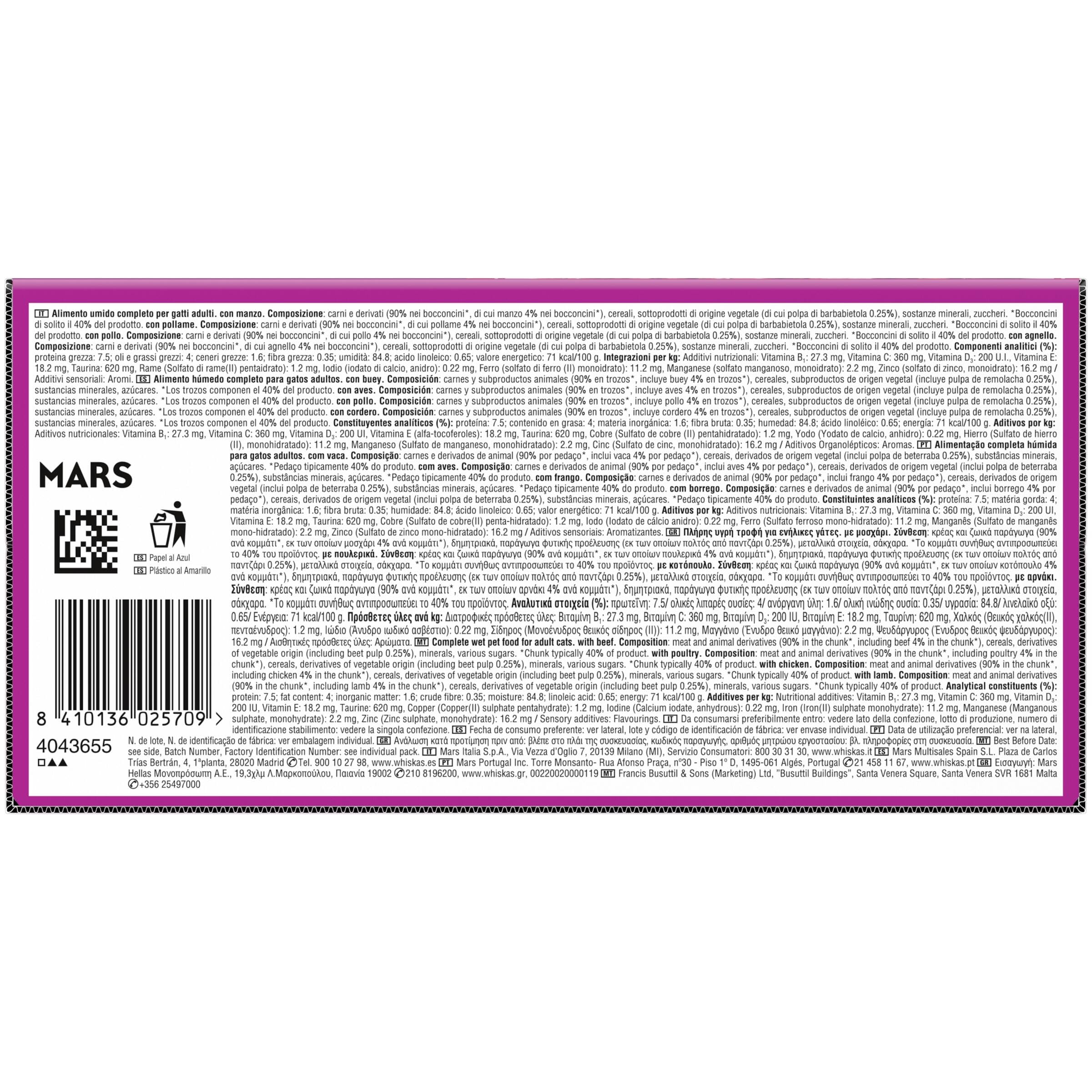 WHISKAS Duo Comida húmeda en Salsa Gatos Adultos Comb. Clásicas - 4 x 12 bolsitas x 85g