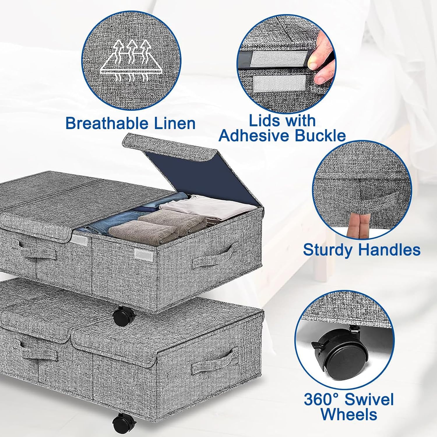 2 Pack Under Bed Storage with Wheels, Storage Bins Under Bed with Lids, 360° Swivel Wheels, Foldable Cotton and Linen Fabric, for Clothes, Toys, Shoes