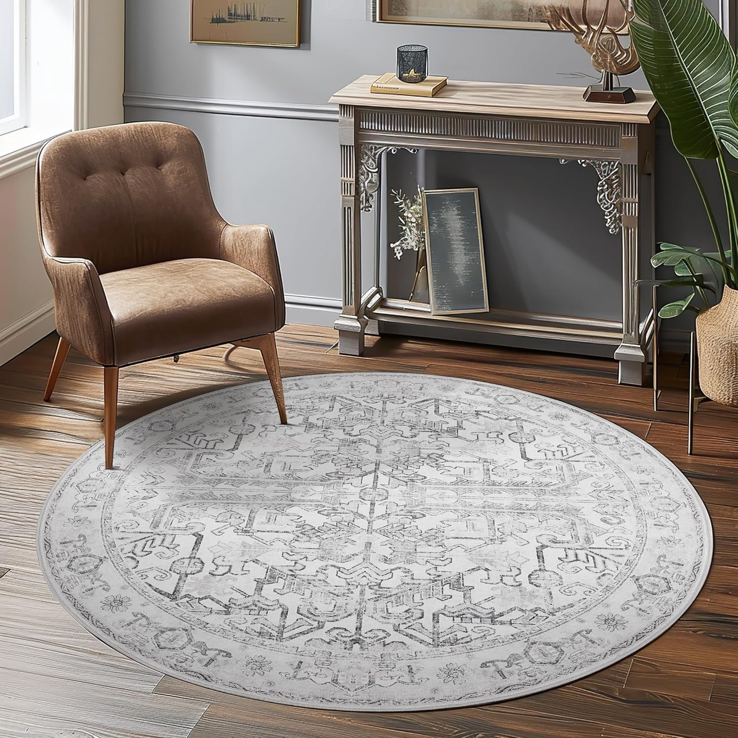 jinchan Round Rug 5ft Washable Area Rug Vintage Floor Mat Kitchen Indoor Circle Rug 5' Round Thin Rug Floral Print Carpet Retro Farmhouse Non Slip Entryway Dining Room Living Room Bedroom Of