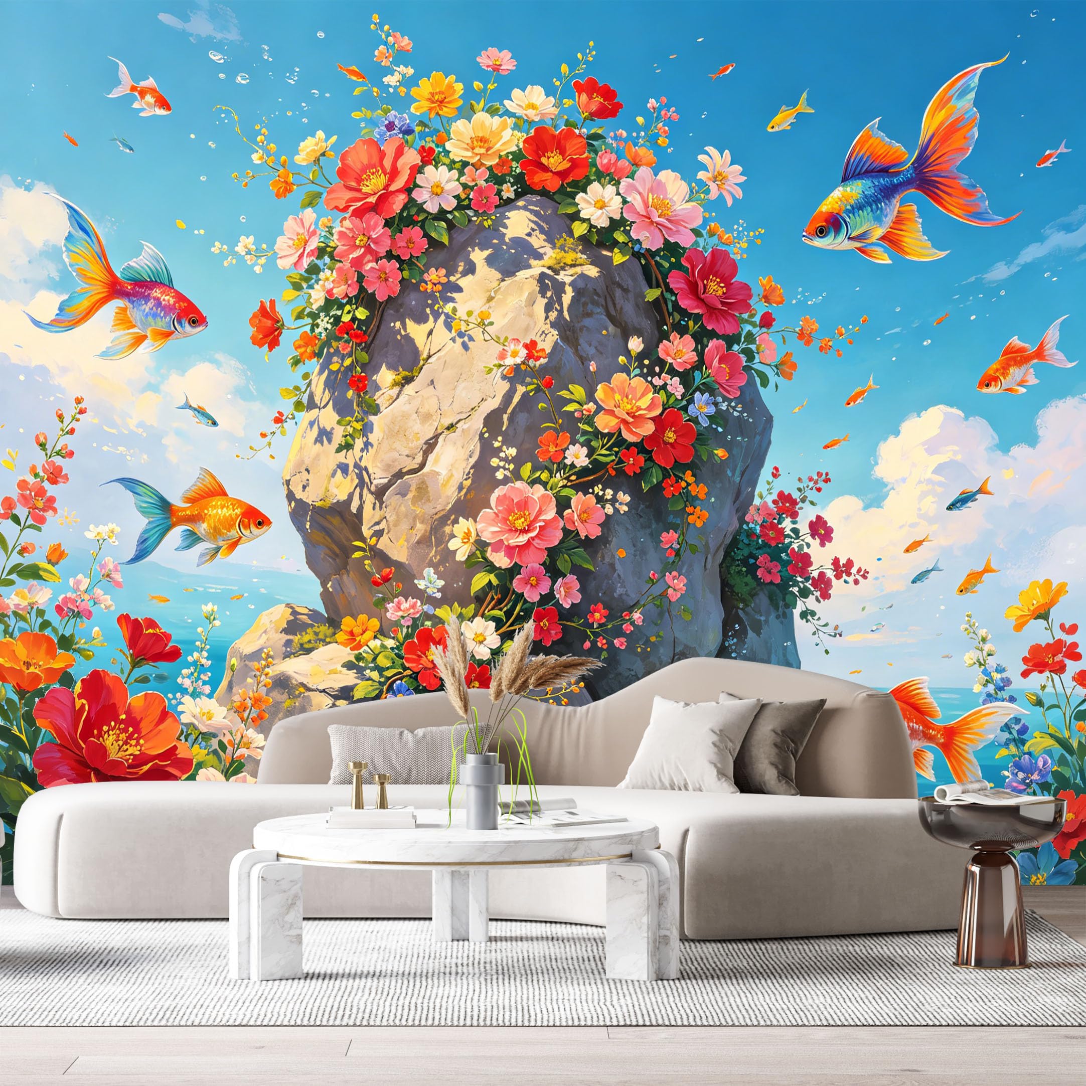 Custom Size Wall Murals Botanical Ocean Watercolor Goldfish Rock Floral SelfAdhesiveWall Fabric Removable Wallpaper Wall Decor for Living Room Bedroom Bathroom