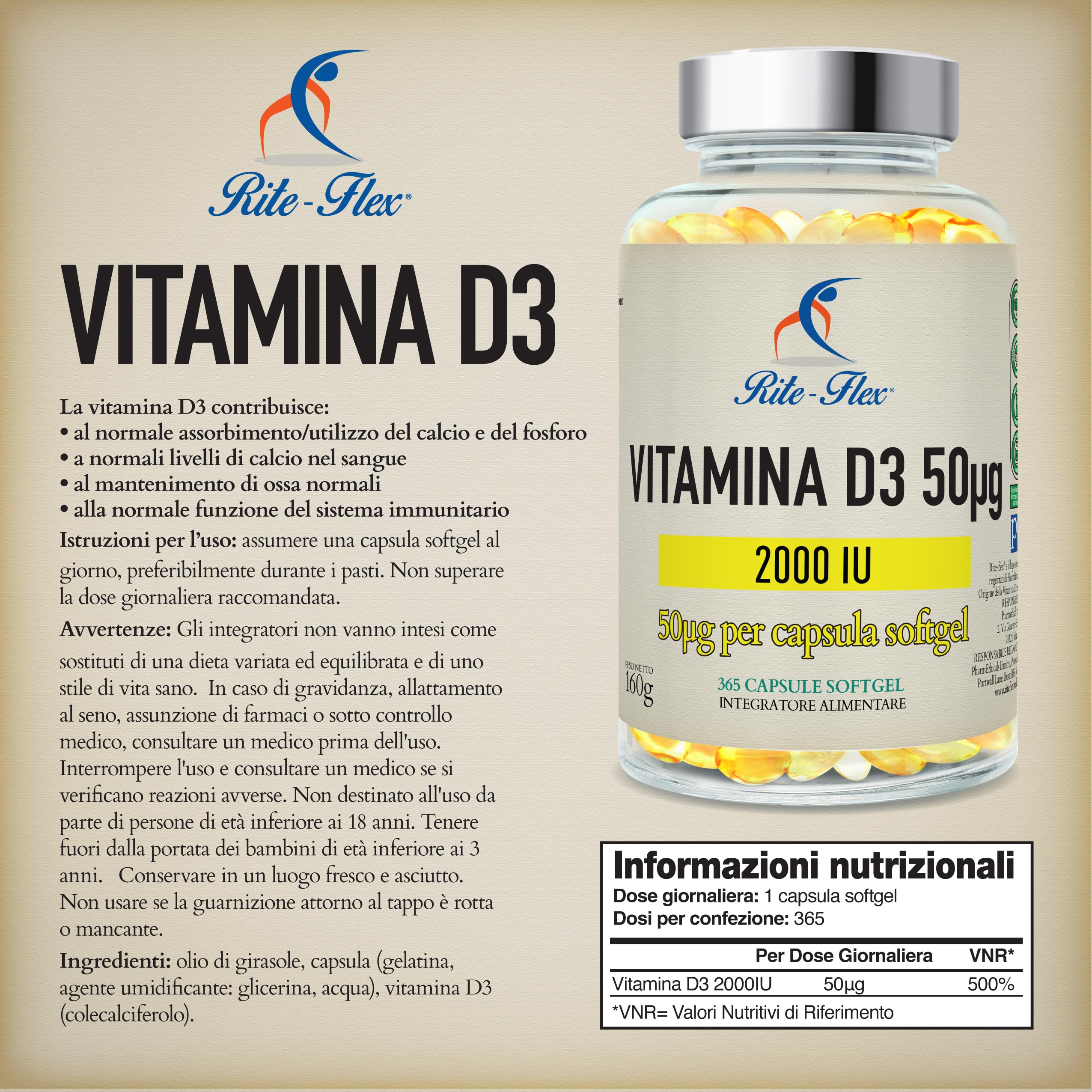 Rite-Flex, Integratore di Vitamina D3 2000 UI (365 Capsule Soft gel)