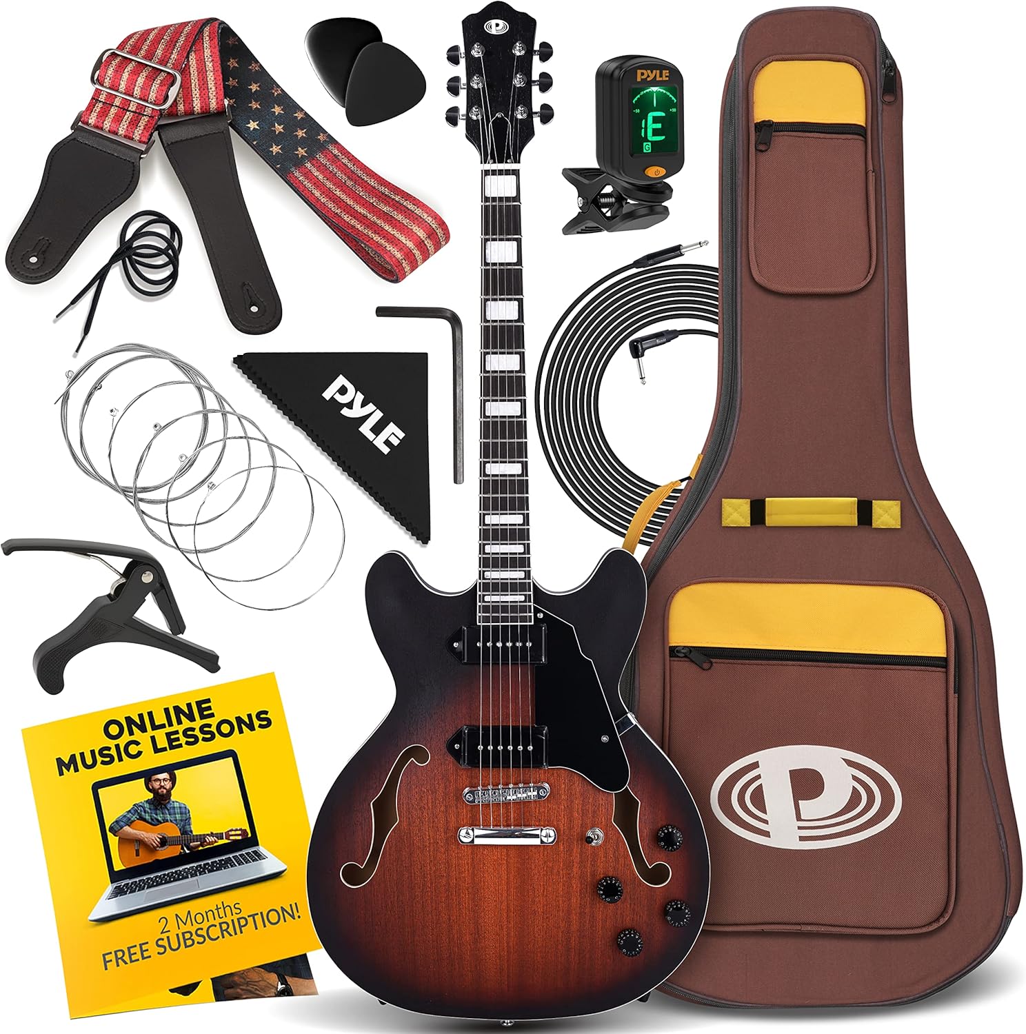 Pyle, Semi Hollow Electric Guitar ,Electric Guitar Kit ,Jazz Style, 6 String w/ Gig Bag and Accessories, Full Size - 41.8