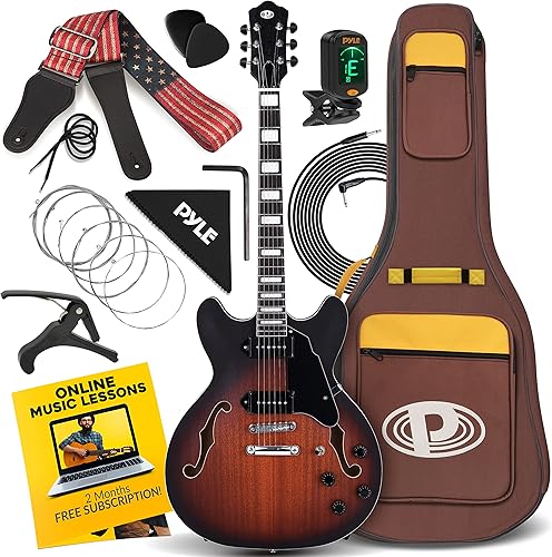 Pyle, Guitarra eléctrica semihueca, kit de guitarra eléctrica, estilo jazz, 6 cuerdas con bolsa de concierto y accesorios, tamaño completo - 41.8