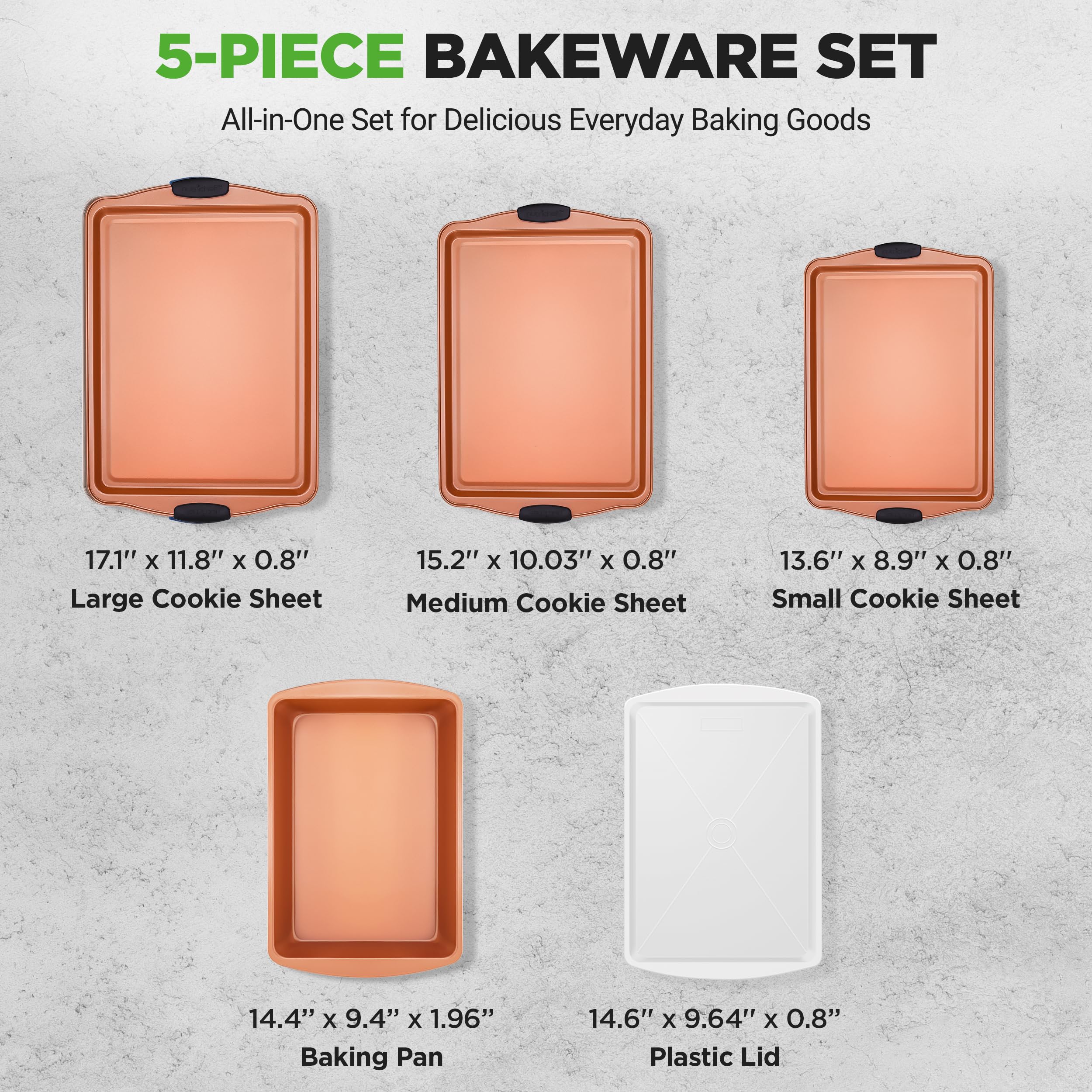 NutriChef 5-teiliges Backformen-Set - Premium Antihaft-Backformen mit Silikongriffen - Inklusive 3 Backblechen, Backform & Deckel - Perfekt für Kuchen, Kekse & Brownies
